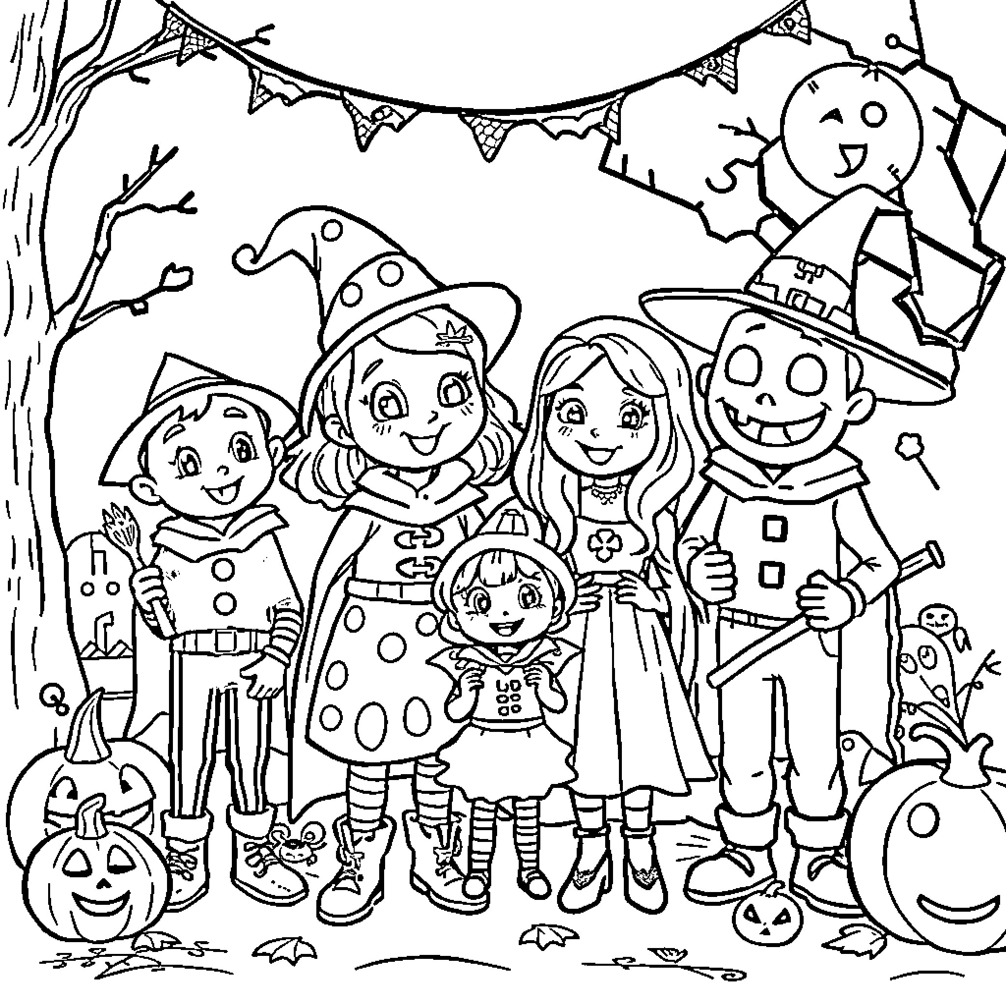 Bluey's Spooky Halloween Celebration Coloring Page (free black-and-white line drawing printable PDF for all, from beginners to advanced learners, including children, teens, adults, and seniors)
