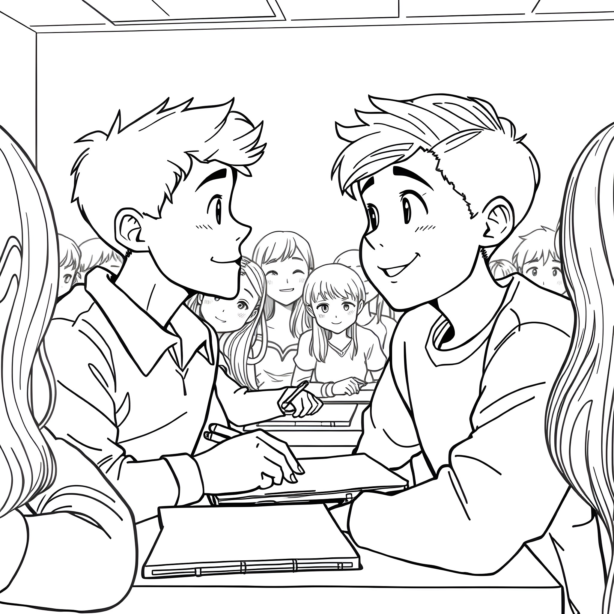 Boys studying together in the classroom Coloring Page (free black-and-white line drawing printable PDF for all, from beginners to advanced learners, including children, teens, adults, and seniors)