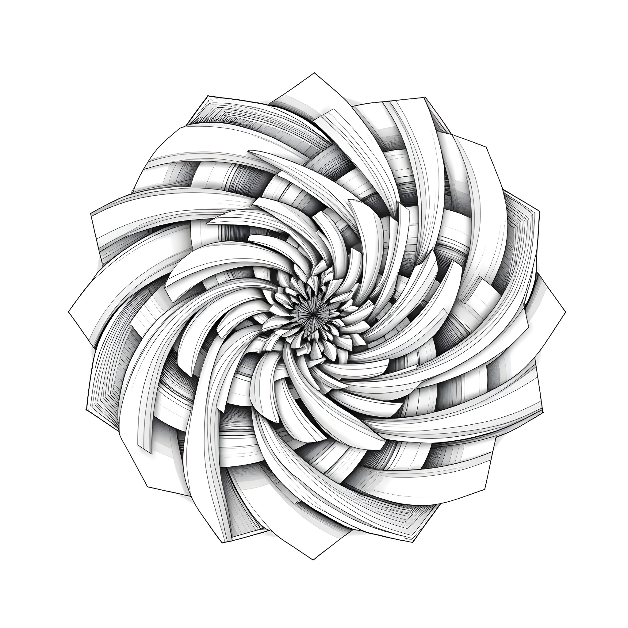 Pattern of abstract spiral floral motif Coloring Page (free black-and-white line drawing printable PDF for all, from beginners to advanced learners, including children, teens, adults, and seniors)