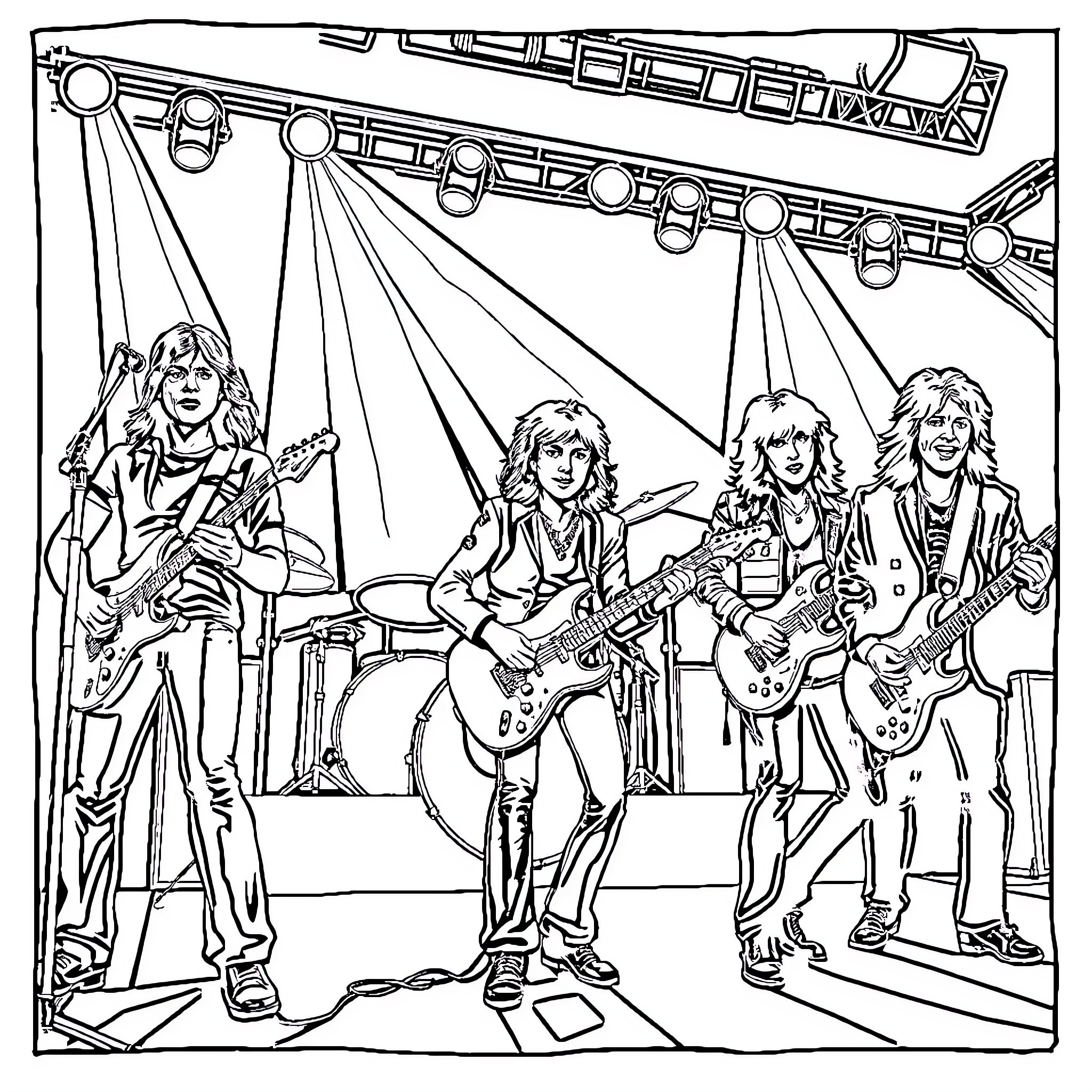 Rock Band Performing on Stage with Instruments Coloring Page (free black-and-white line drawing printable PDF for all, from beginners to advanced learners, including children, teens, adults, and seniors)