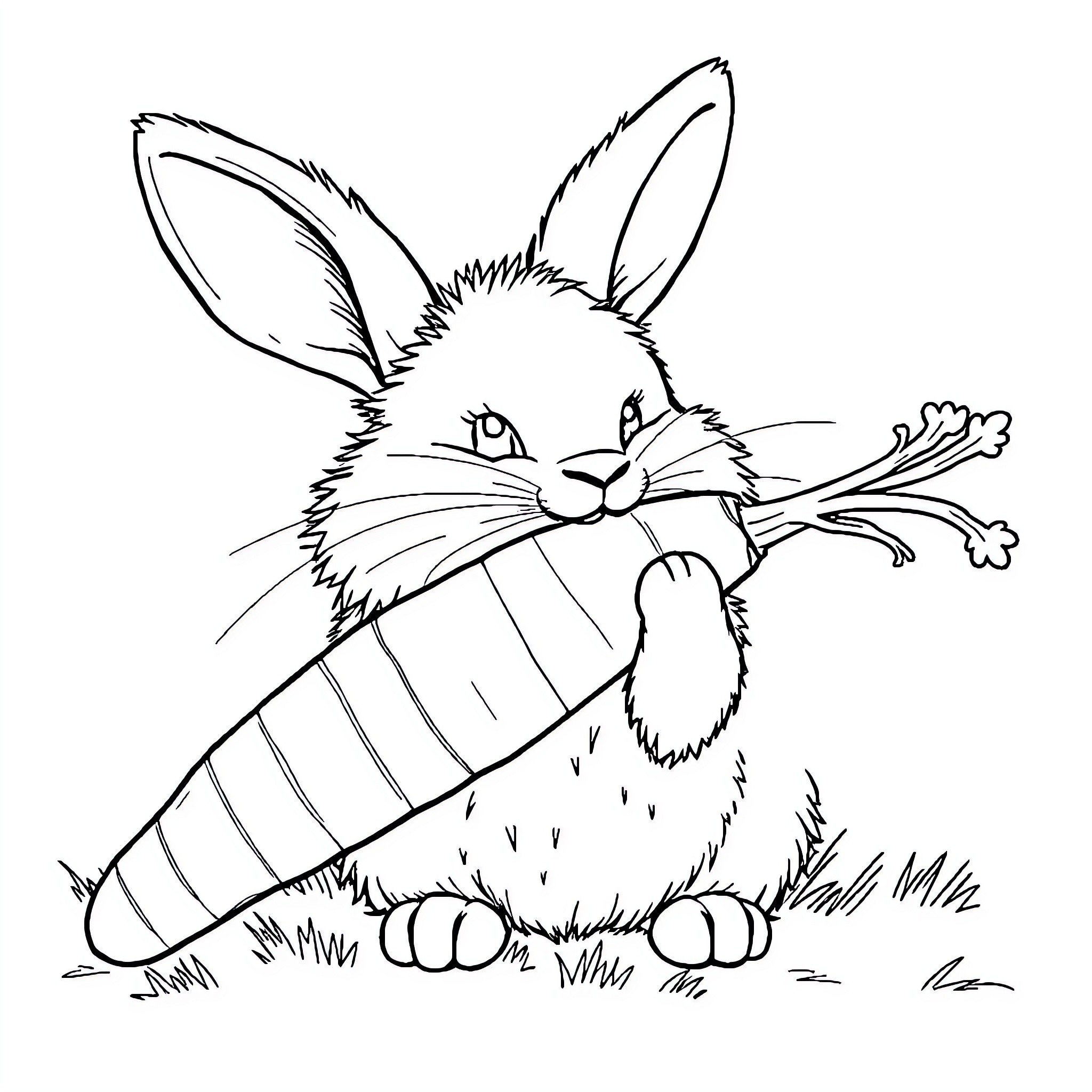 Rabbit chewing on carrot in field Coloring Page (free black-and-white line drawing printable PDF for all, from beginners to advanced learners, including children, teens, adults, and seniors)