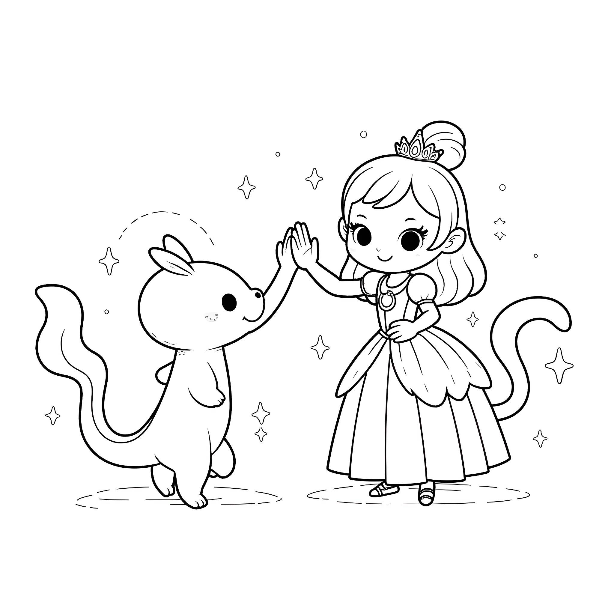 Axolotl and Princess Interacting Happily Coloring Page (free black-and-white line drawing printable PDF for all, from beginners to advanced learners, including children, teens, adults, and seniors)