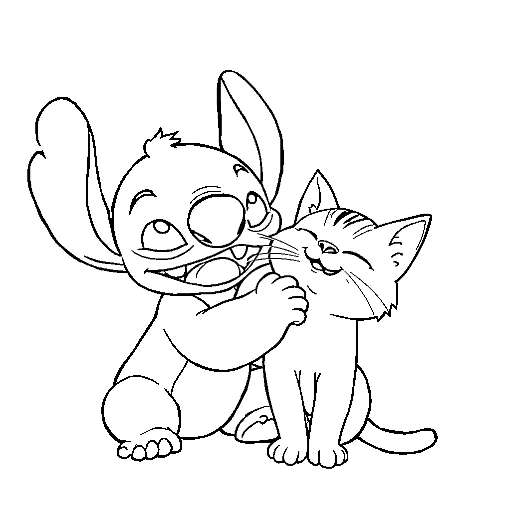 Stitch cuddling with a playful cat Coloring Page (free black-and-white line drawing printable PDF for all, from beginners to advanced learners, including children, teens, adults, and seniors)