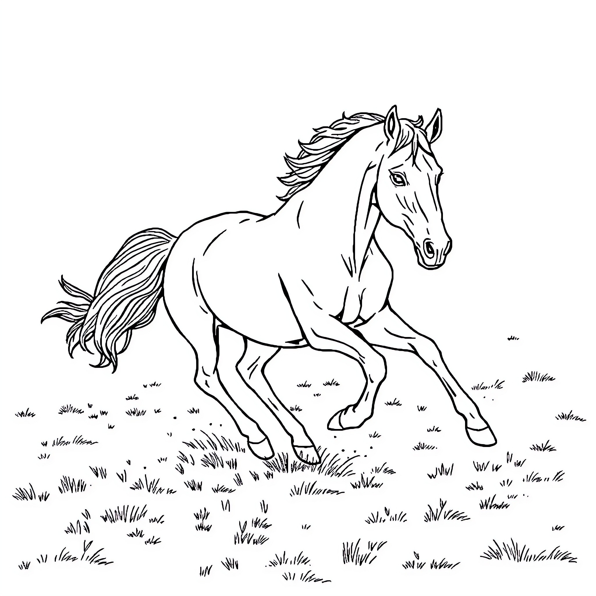 Horse running freely in the field Coloring Page (free black-and-white line drawing printable PDF for all, from beginners to advanced learners, including children, teens, adults, and seniors)