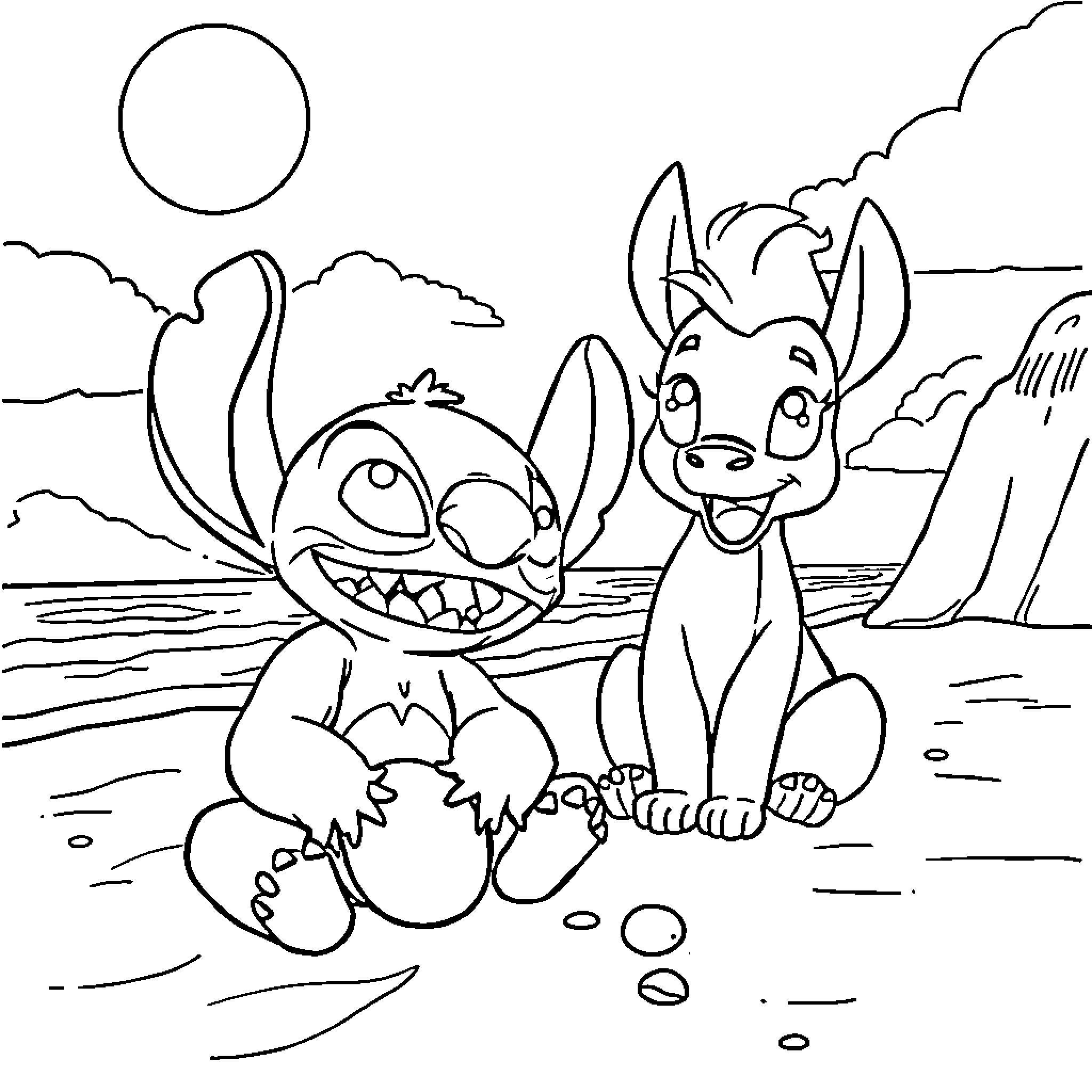 Stitch and Experiment 626 playing on the beach Coloring Page (free black-and-white line drawing printable PDF for all, from beginners to advanced learners, including children, teens, adults, and seniors)