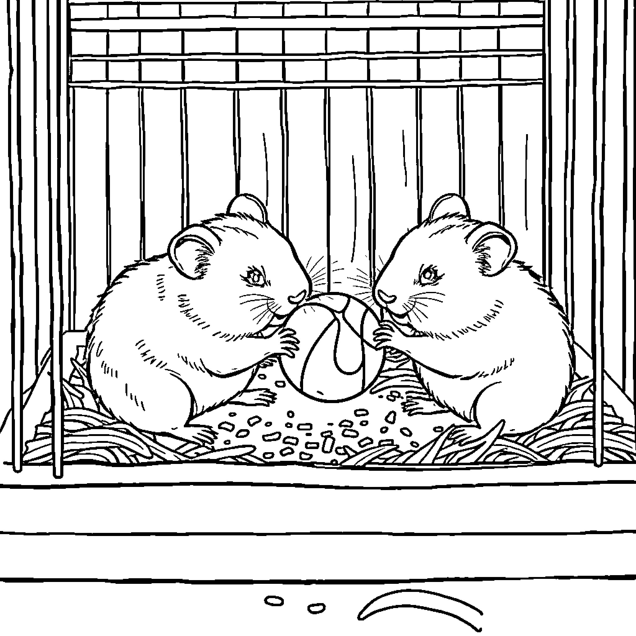 Hamsters enjoying a cozy meal together Coloring Page (free black-and-white line drawing printable PDF for all, from beginners to advanced learners, including children, teens, adults, and seniors)
