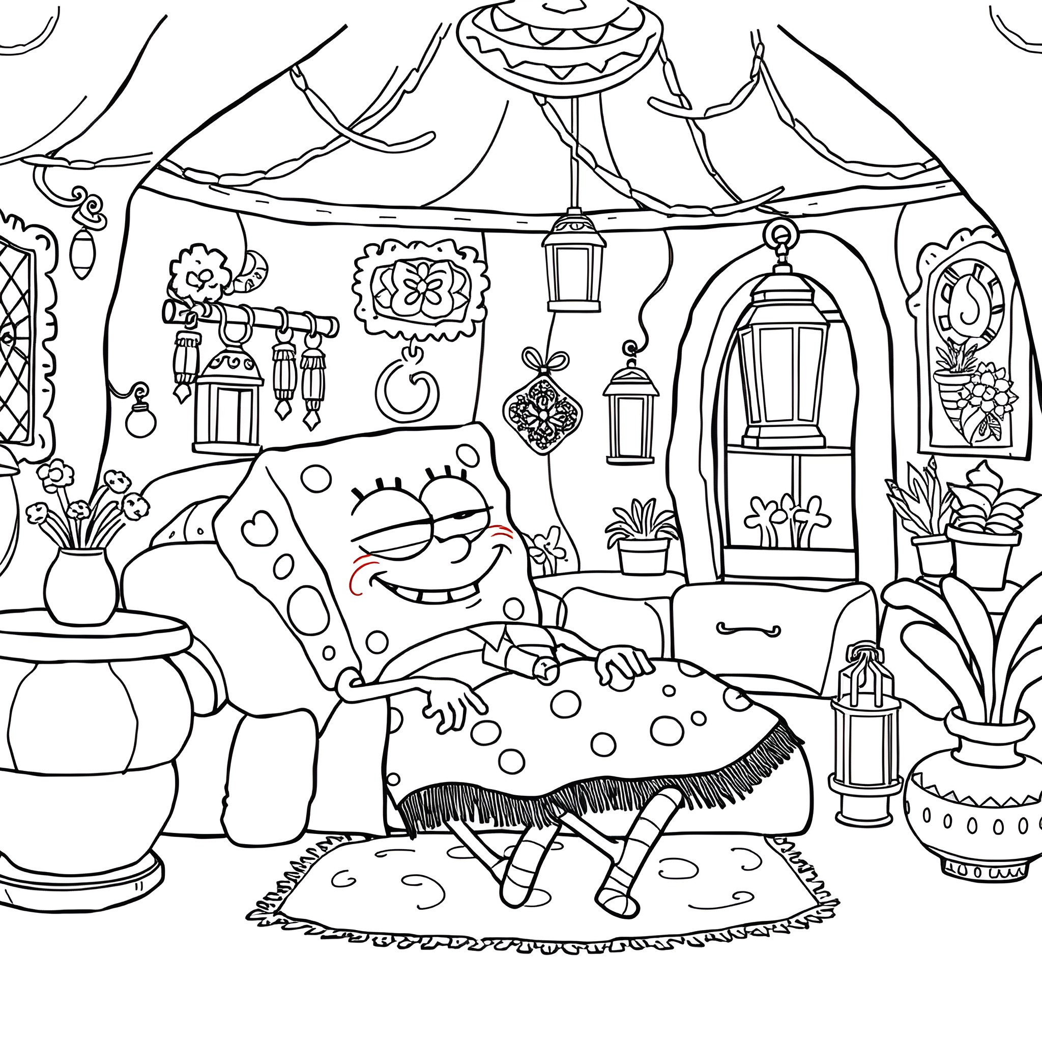 Spongebob's whimsical dream world Coloring Page (free black-and-white line drawing printable PDF for all, from beginners to advanced learners, including children, teens, adults, and seniors)