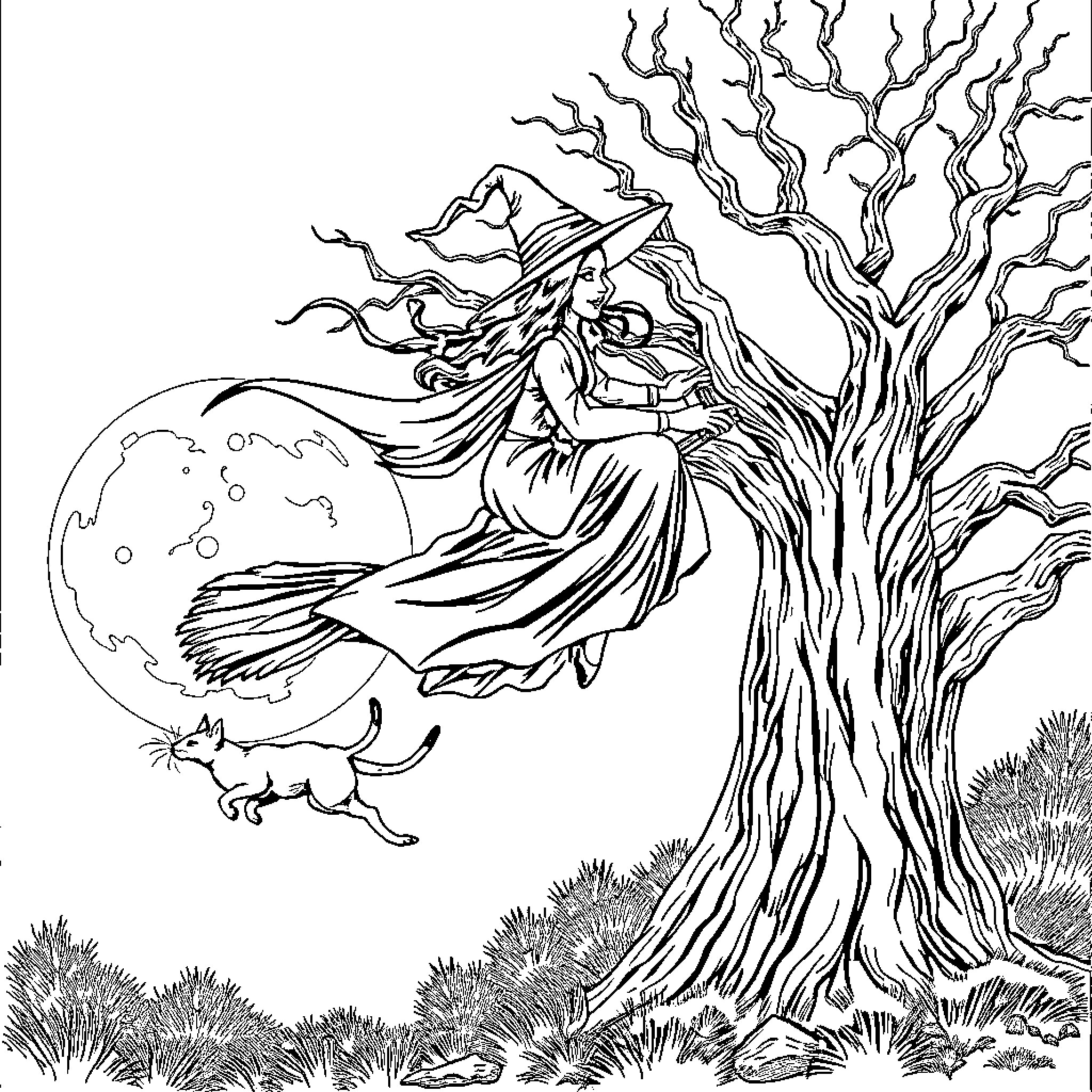 Witch soaring on broom through moonlit night Coloring Page (free black-and-white line drawing printable PDF for all, from beginners to advanced learners, including children, teens, adults, and seniors)