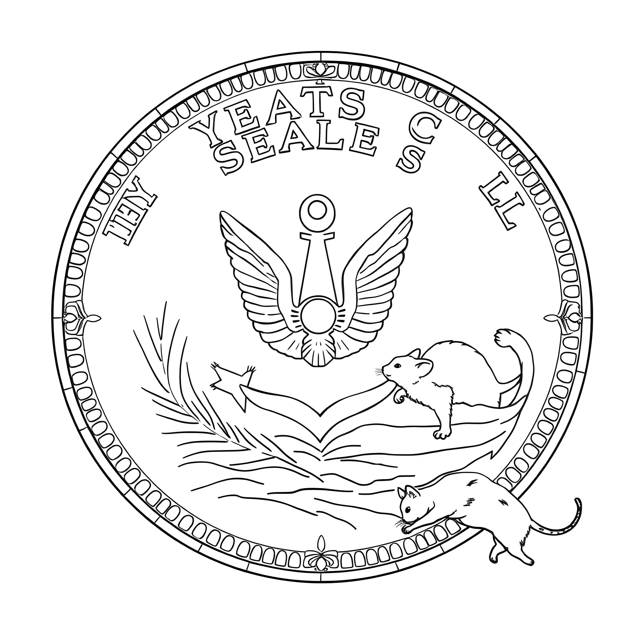 Coin with a seal and wildlife on the seal Coloring Page (free black-and-white line drawing printable PDF for all, from beginners to advanced learners, including children, teens, adults, and seniors)