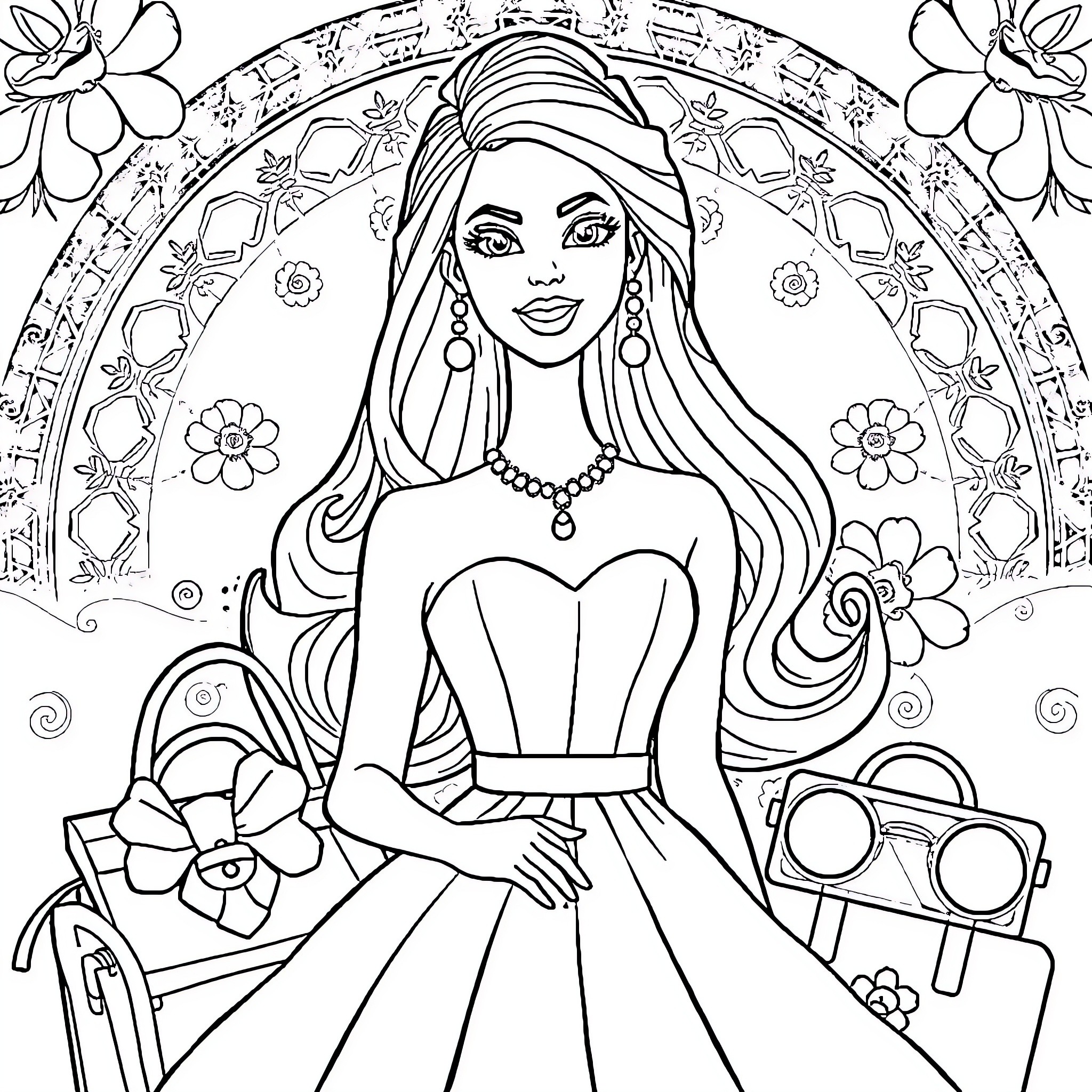 Barbie in a Floral Wonderland Coloring Page (free black-and-white line drawing printable PDF for all, from beginners to advanced learners, including children, teens, adults, and seniors)