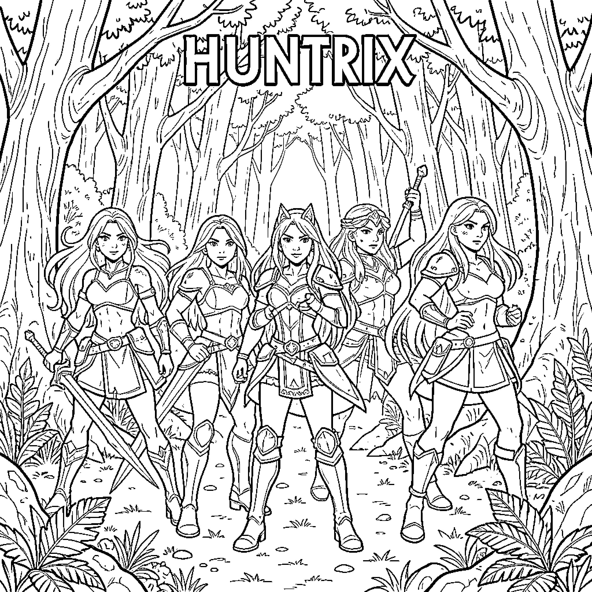 Princess warriors standing together in a dense forest Coloring Page (free black-and-white line drawing printable PDF for all, from beginners to advanced learners, including children, teens, adults, and seniors)