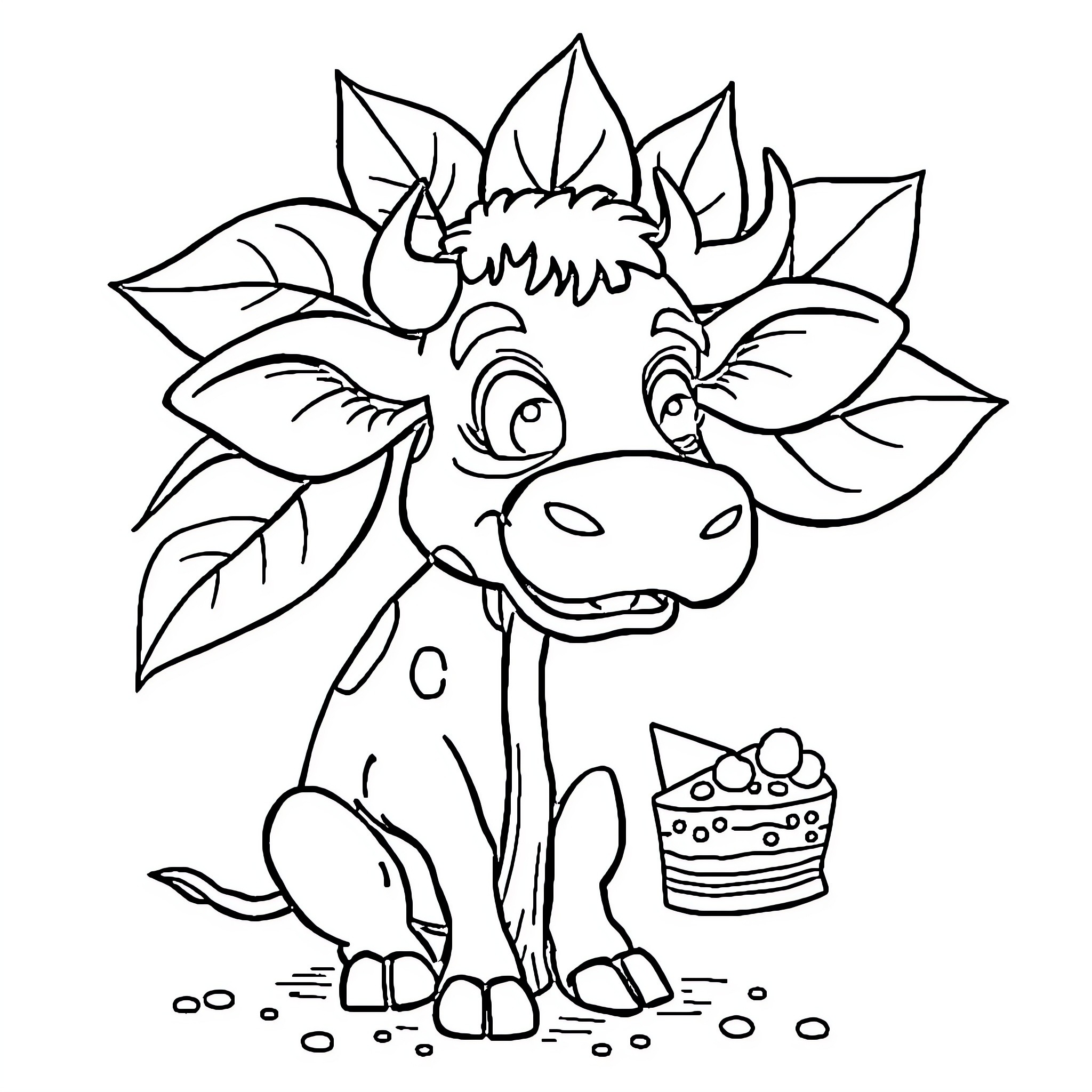 Cow Plant Enjoying a Birthday Cake Coloring Page (free black-and-white line drawing printable PDF for all, from beginners to advanced learners, including children, teens, adults, and seniors)