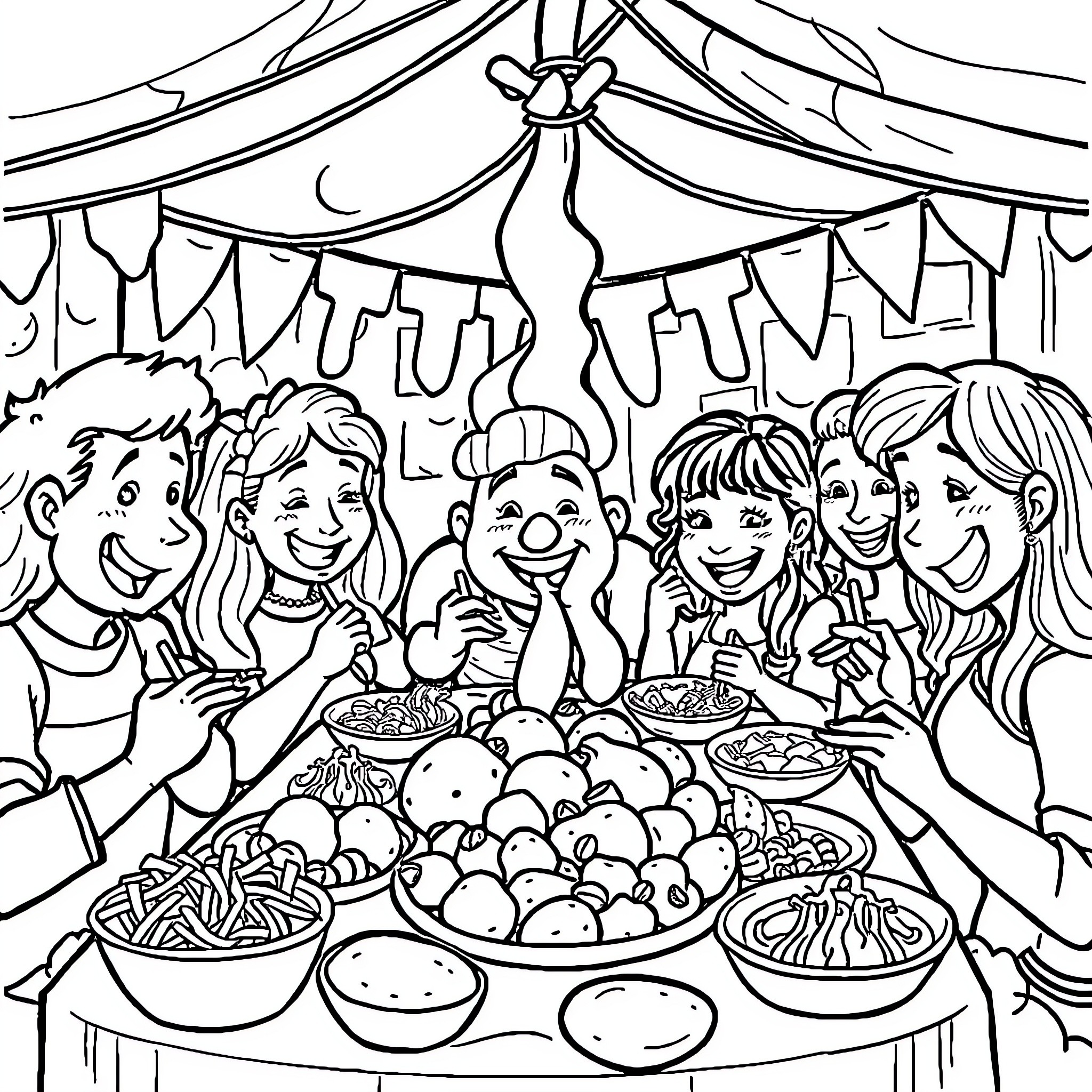 Potato Party with Joyful Friends Coloring Page (free black-and-white line drawing printable PDF for all, from beginners to advanced learners, including children, teens, adults, and seniors)