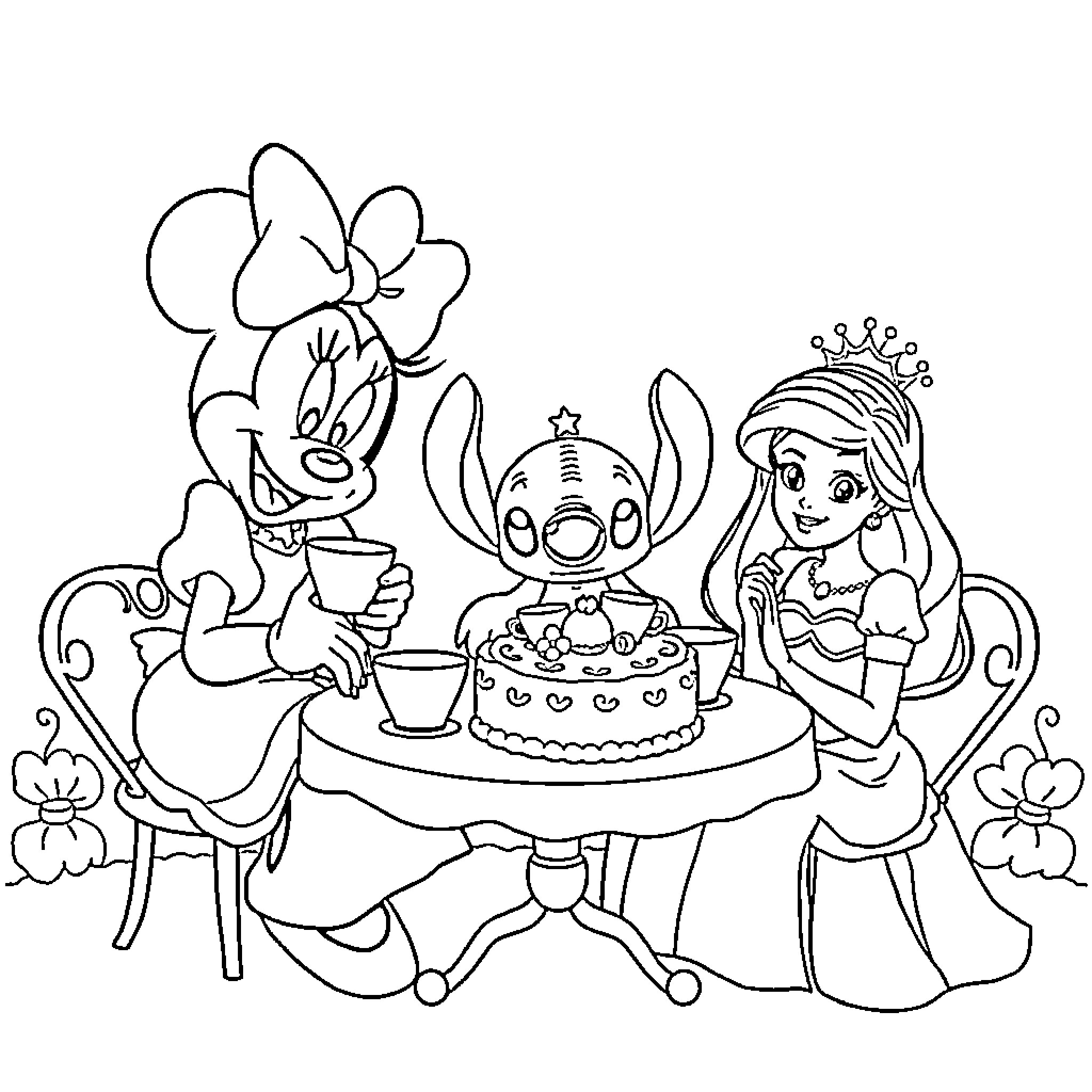 Minnie Mouse and Friends Celebrate with Cake Coloring Page (free black-and-white line drawing printable PDF for all, from beginners to advanced learners, including children, teens, adults, and seniors)