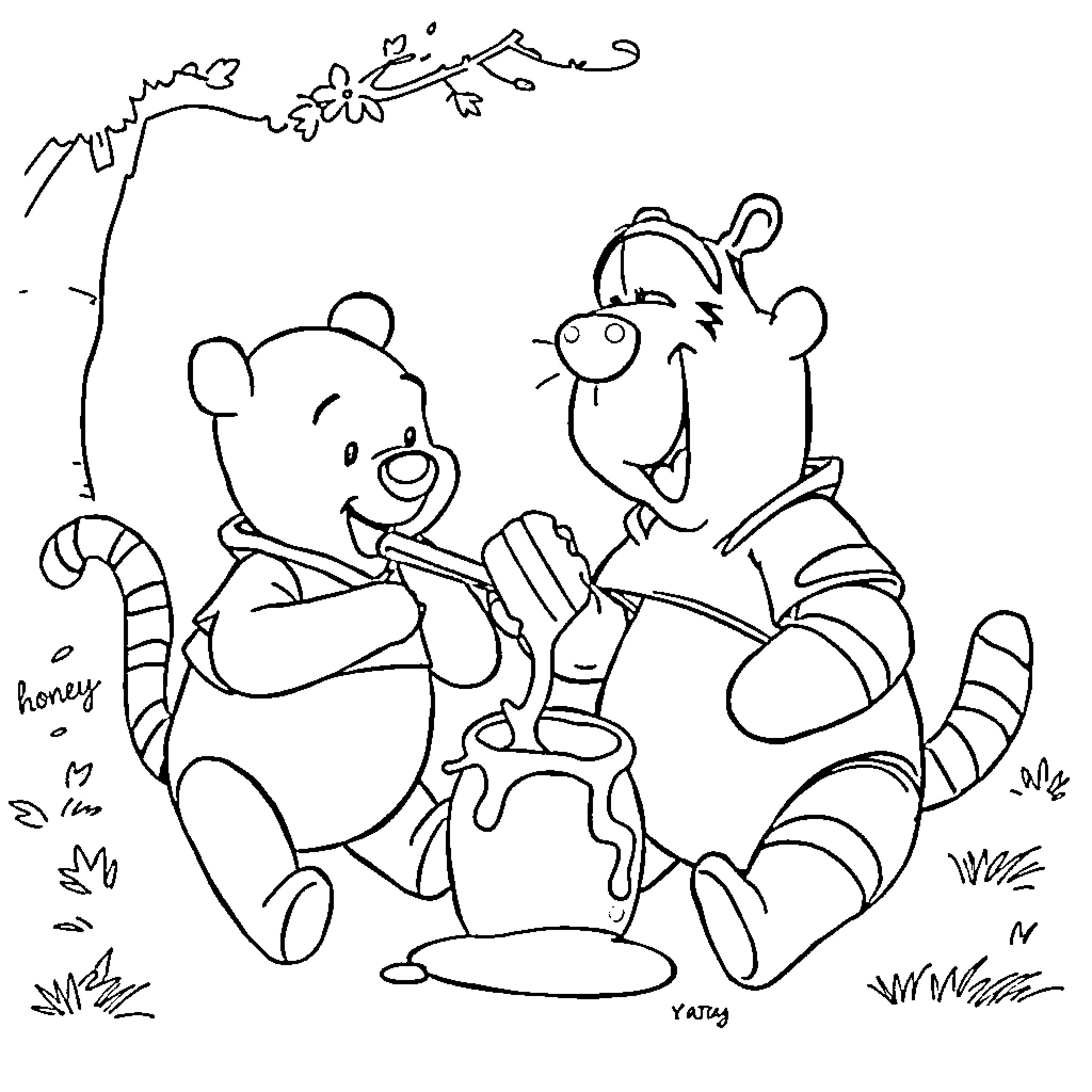 Winnie The Pooh and Tigger playing in nature Coloring Page (free black-and-white line drawing printable PDF for all, from beginners to advanced learners, including children, teens, adults, and seniors)