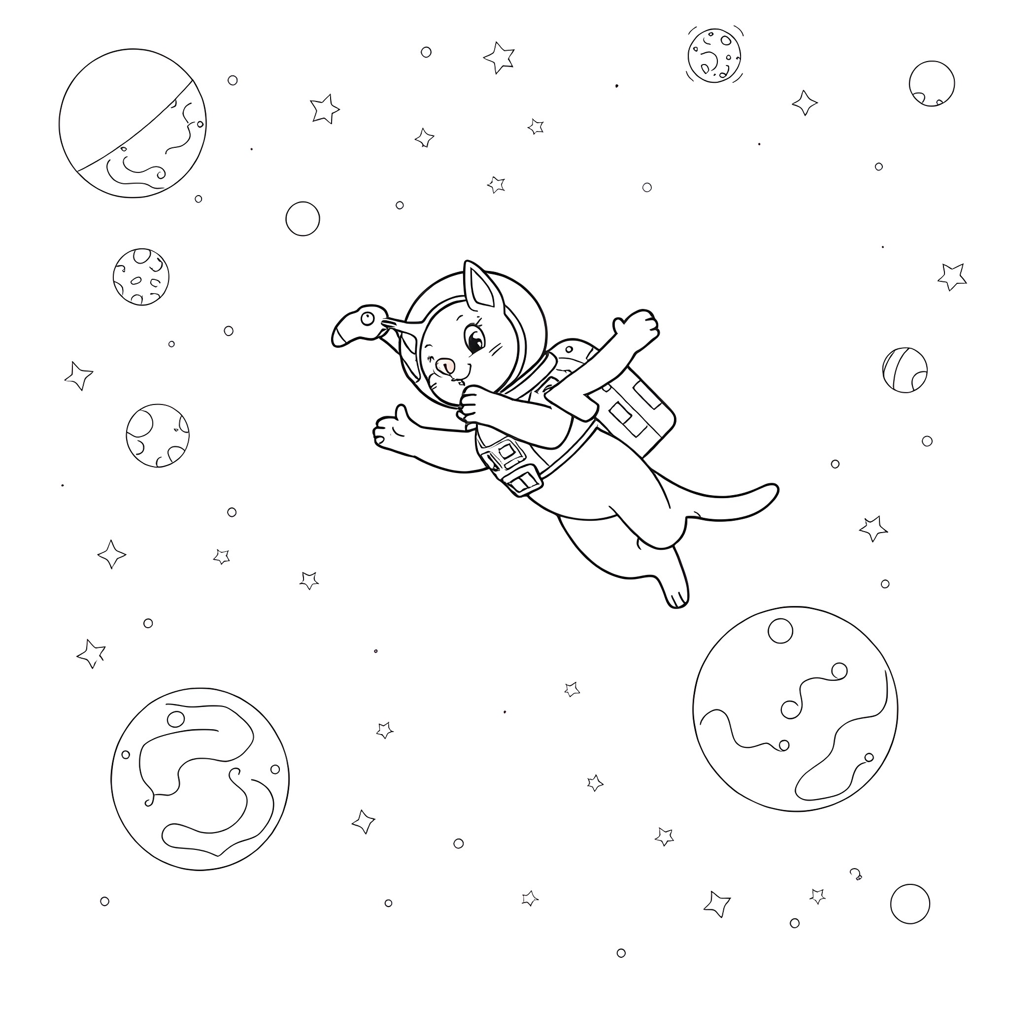 Cat astronaut exploring outer space Coloring Page (free black-and-white line drawing printable PDF for all, from beginners to advanced learners, including children, teens, adults, and seniors)