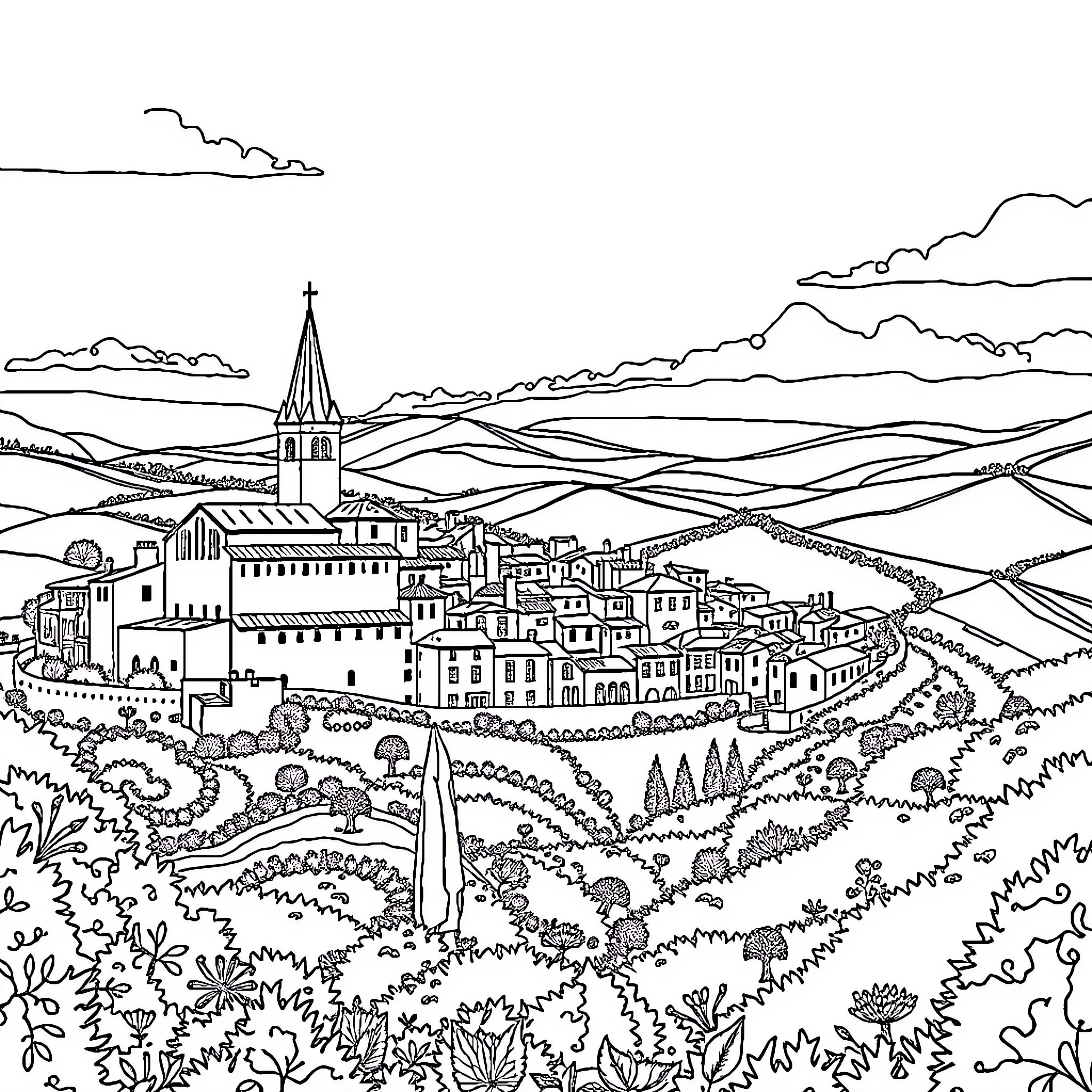 France's Scenic Village Landscape with Historic Architecture Coloring Page (free black-and-white line drawing printable PDF for all, from beginners to advanced learners, including children, teens, adults, and seniors)