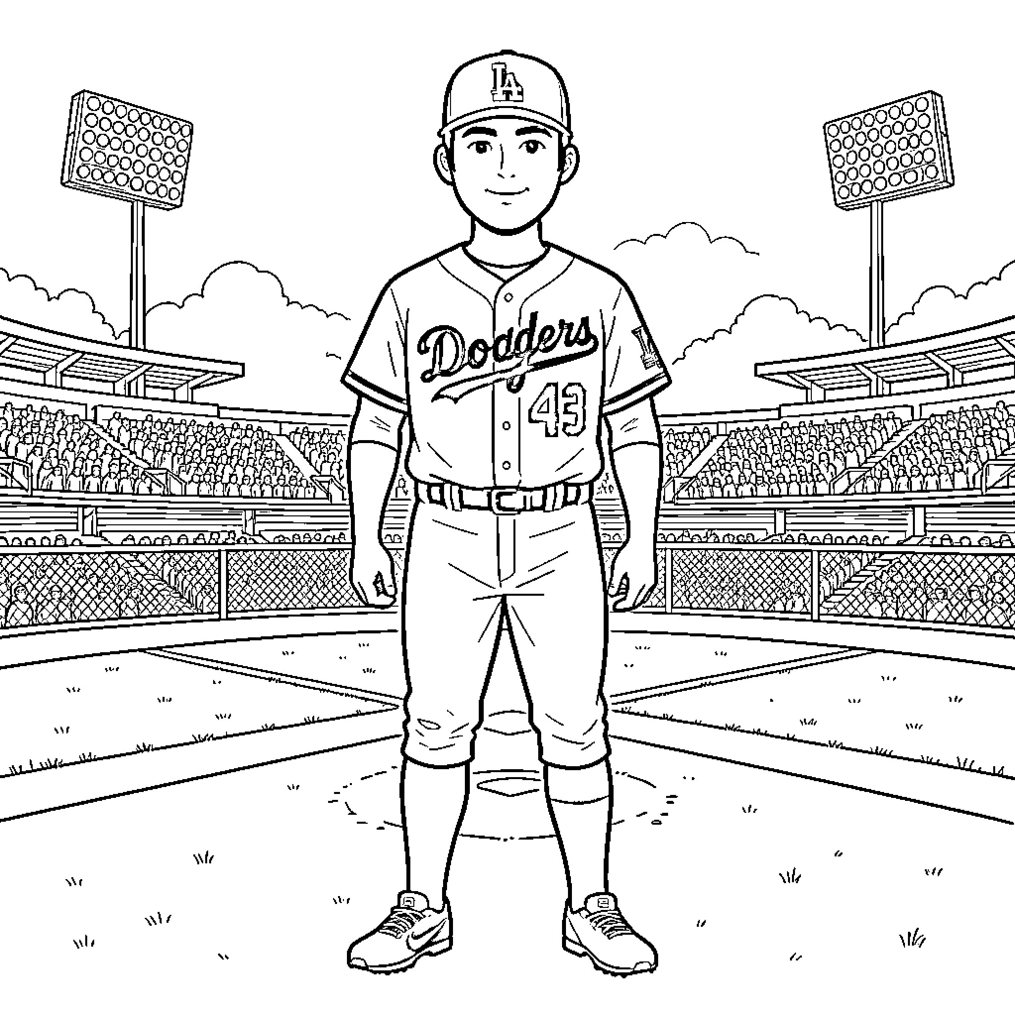 Yoshinobu Yamamoto Pitching on the Baseball Field Coloring Page (free black-and-white line drawing printable PDF for all, from beginners to advanced learners, including children, teens, adults, and seniors)