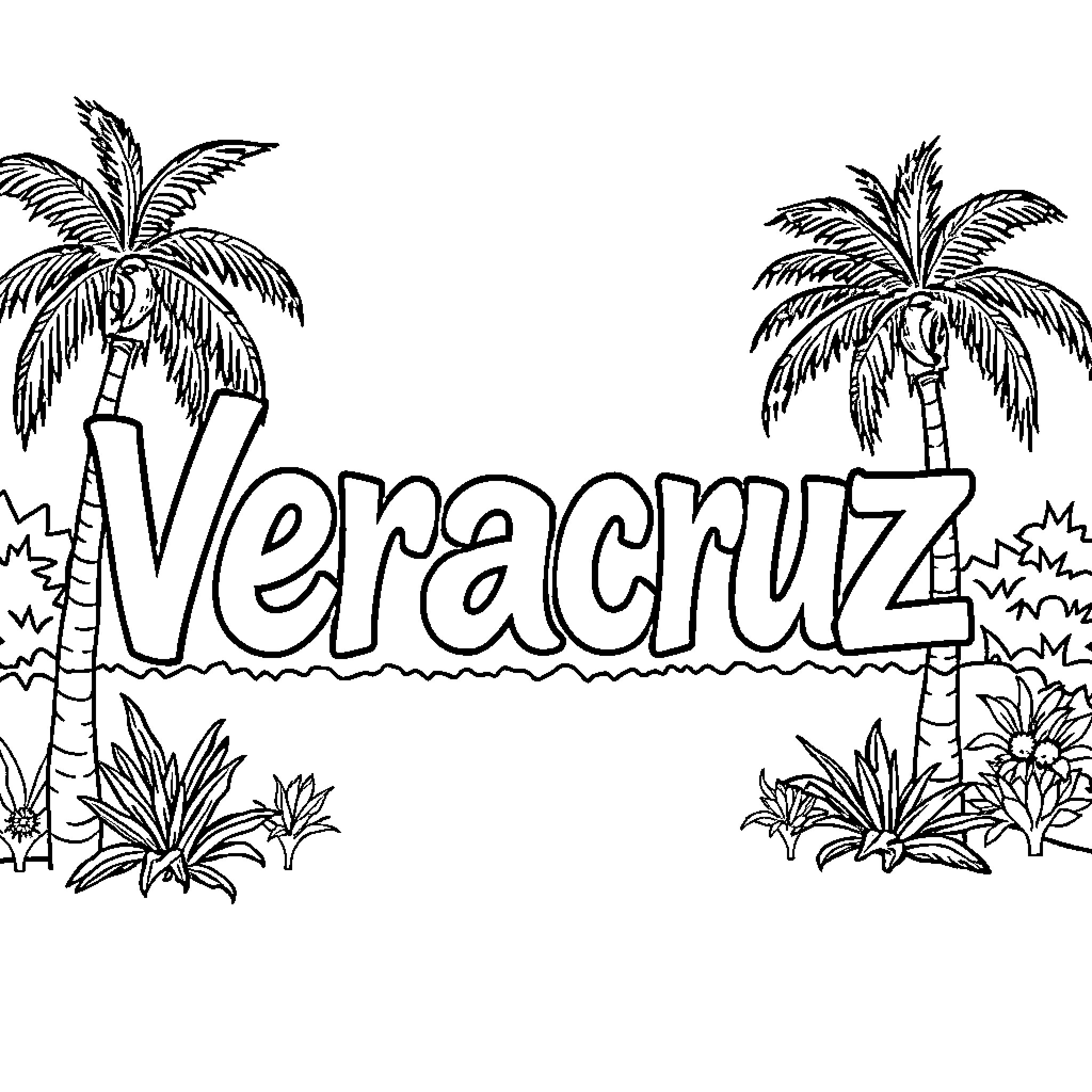 Veracruz tropical beach scene with palm trees Coloring Page (free black-and-white line drawing printable PDF for all, from beginners to advanced learners, including children, teens, adults, and seniors)