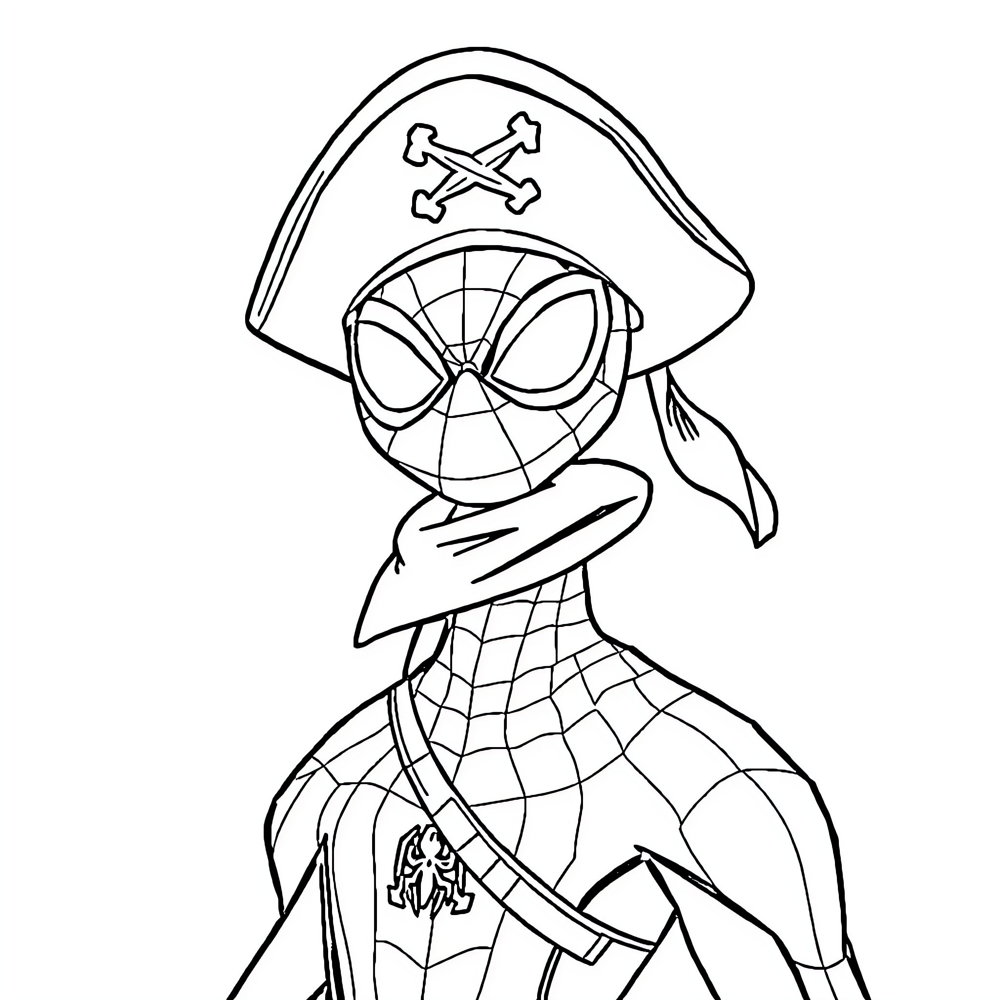 Spidy Pirate in Action Coloring Page (free black-and-white line drawing printable PDF for all, from beginners to advanced learners, including children, teens, adults, and seniors)