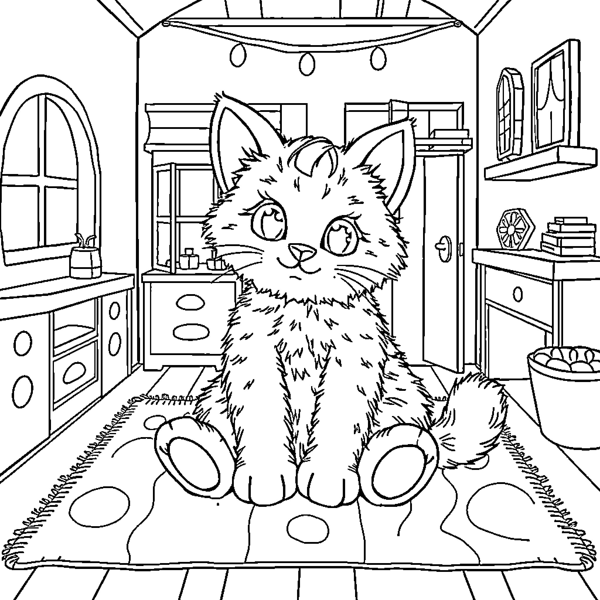 Cat sitting cozily in a comfortable room Coloring Page (free black-and-white line drawing printable PDF for all, from beginners to advanced learners, including children, teens, adults, and seniors)