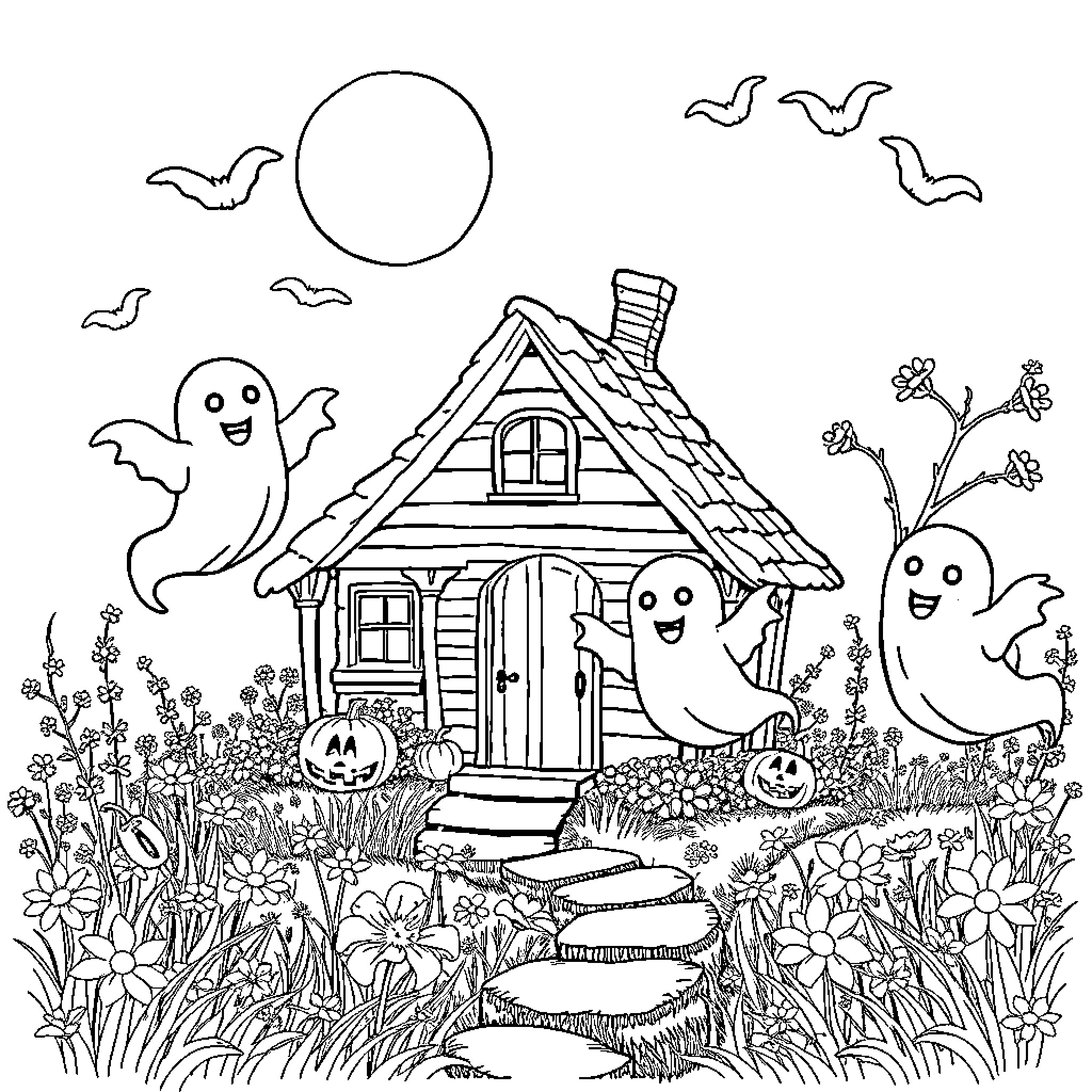 Ghost house with happy spirits and flowers Coloring Page (free black-and-white line drawing printable PDF for all, from beginners to advanced learners, including children, teens, adults, and seniors)