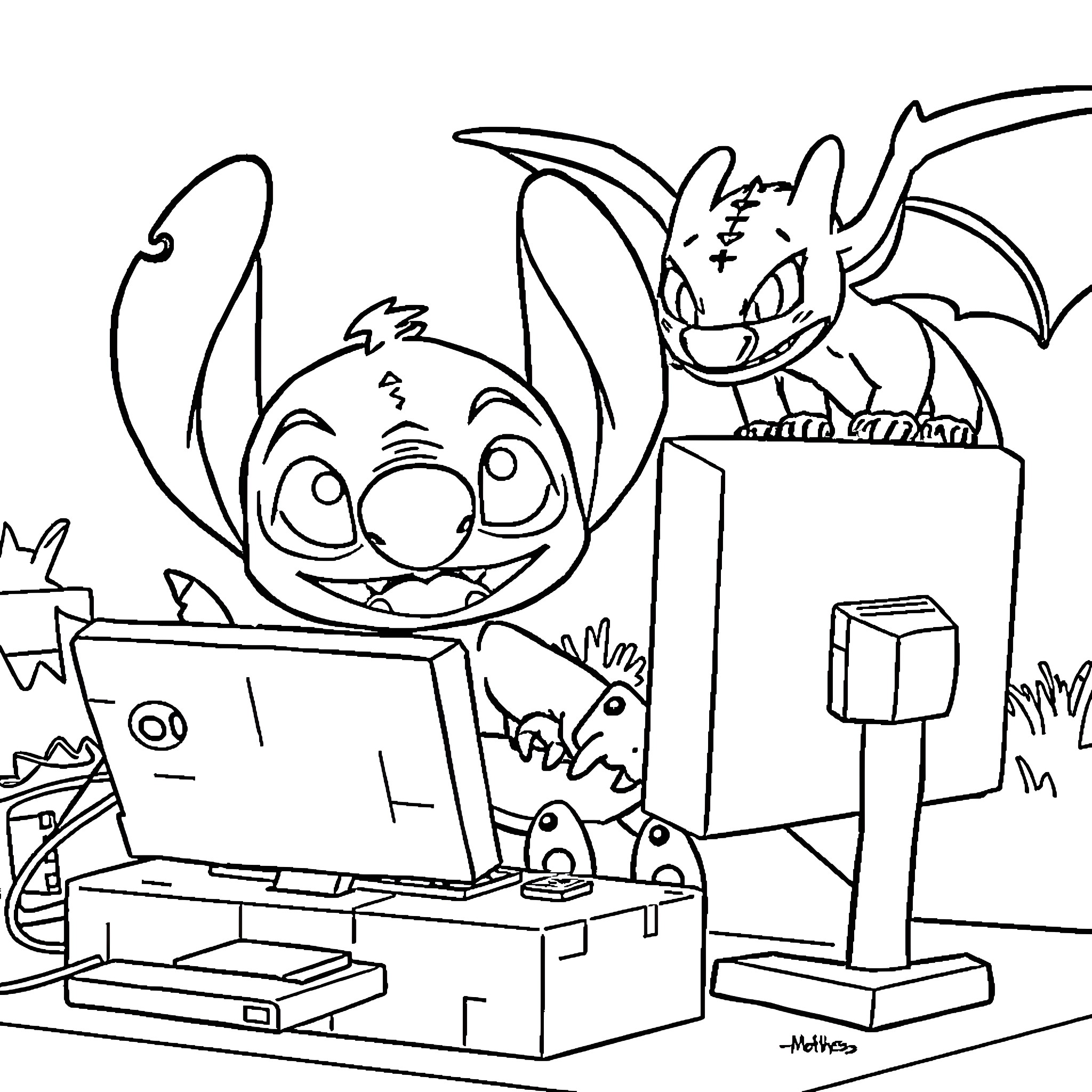 Stitch and Scrump engage in computer activities Coloring Page (free black-and-white line drawing printable PDF for all, from beginners to advanced learners, including children, teens, adults, and seniors)