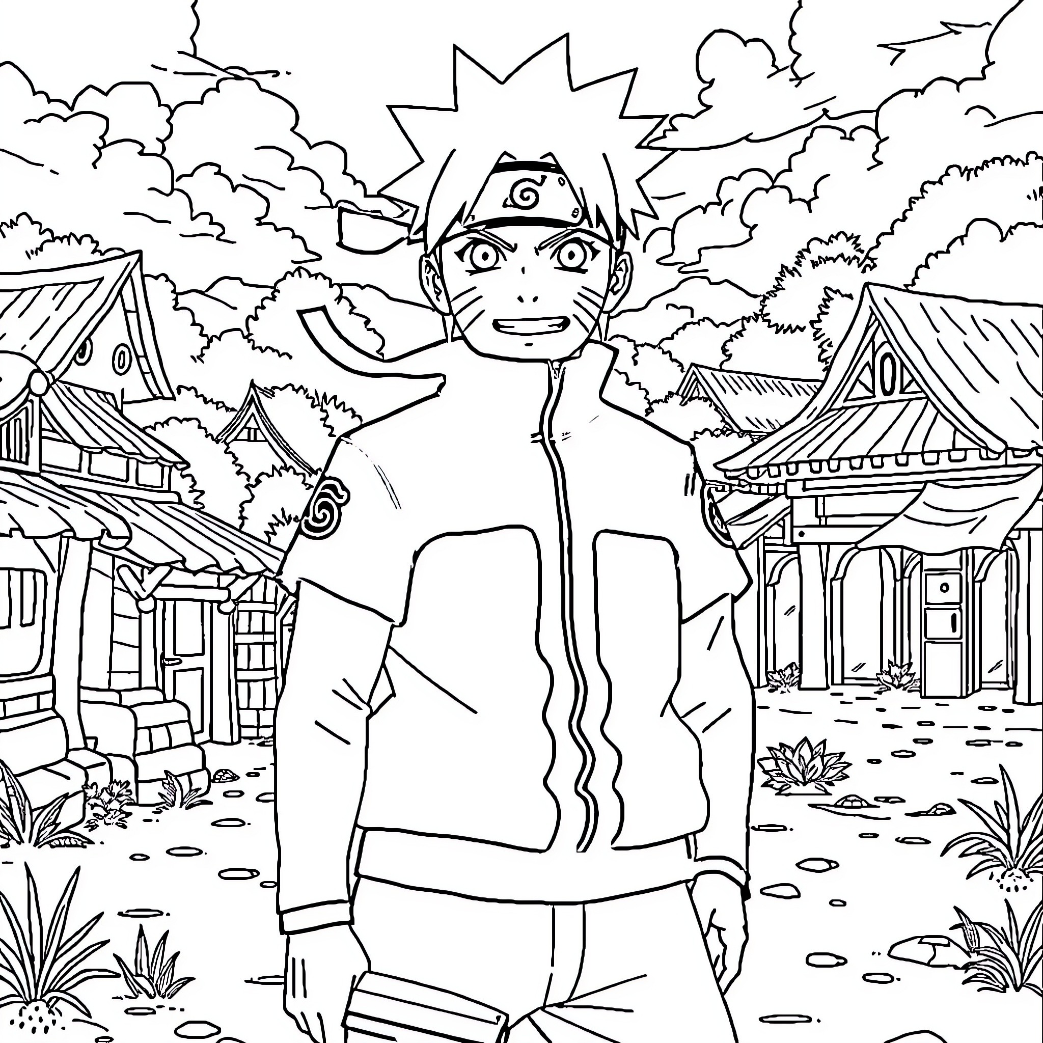 Naruto excitedly exploring the ninja village Coloring Page (free black-and-white line drawing printable PDF for all, from beginners to advanced learners, including children, teens, adults, and seniors)