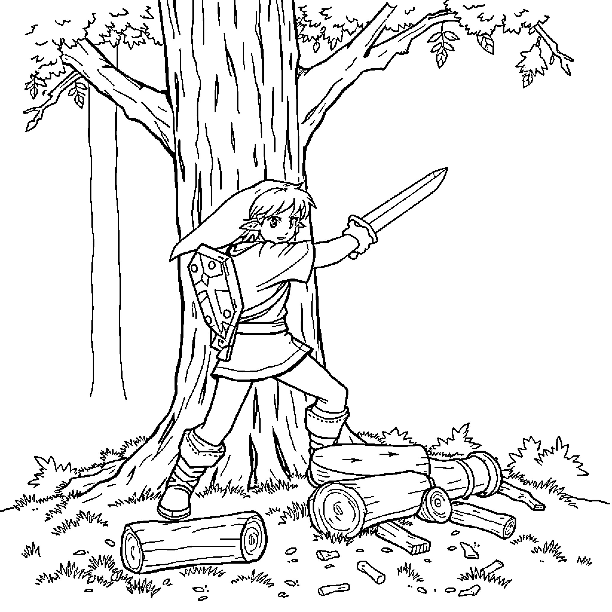 Link Wielding Sword Amidst Forest Coloring Page (free black-and-white line drawing printable PDF for all, from beginners to advanced learners, including children, teens, adults, and seniors)