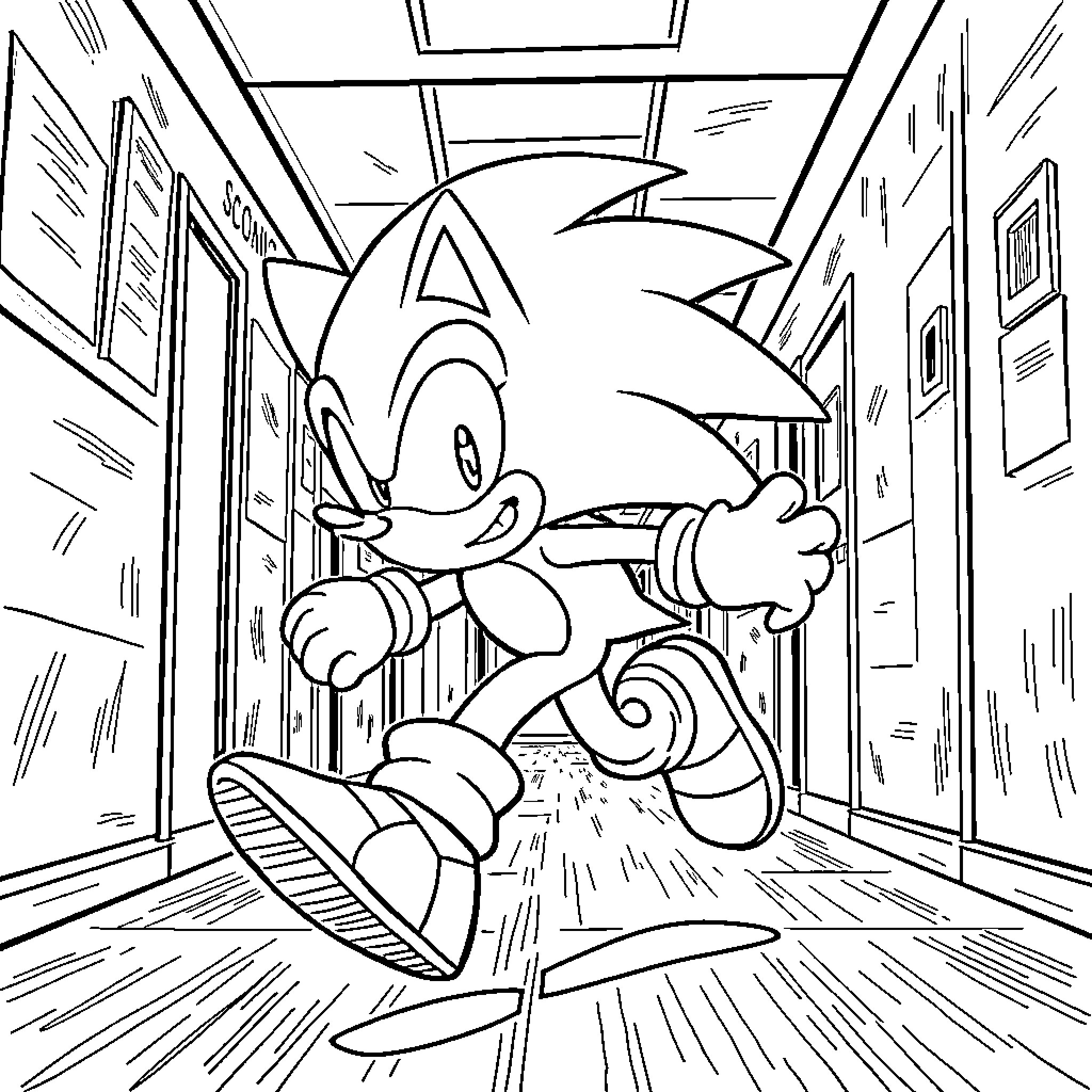 Sonic running through the city quickly Coloring Page (free black-and-white line drawing printable PDF for all, from beginners to advanced learners, including children, teens, adults, and seniors)