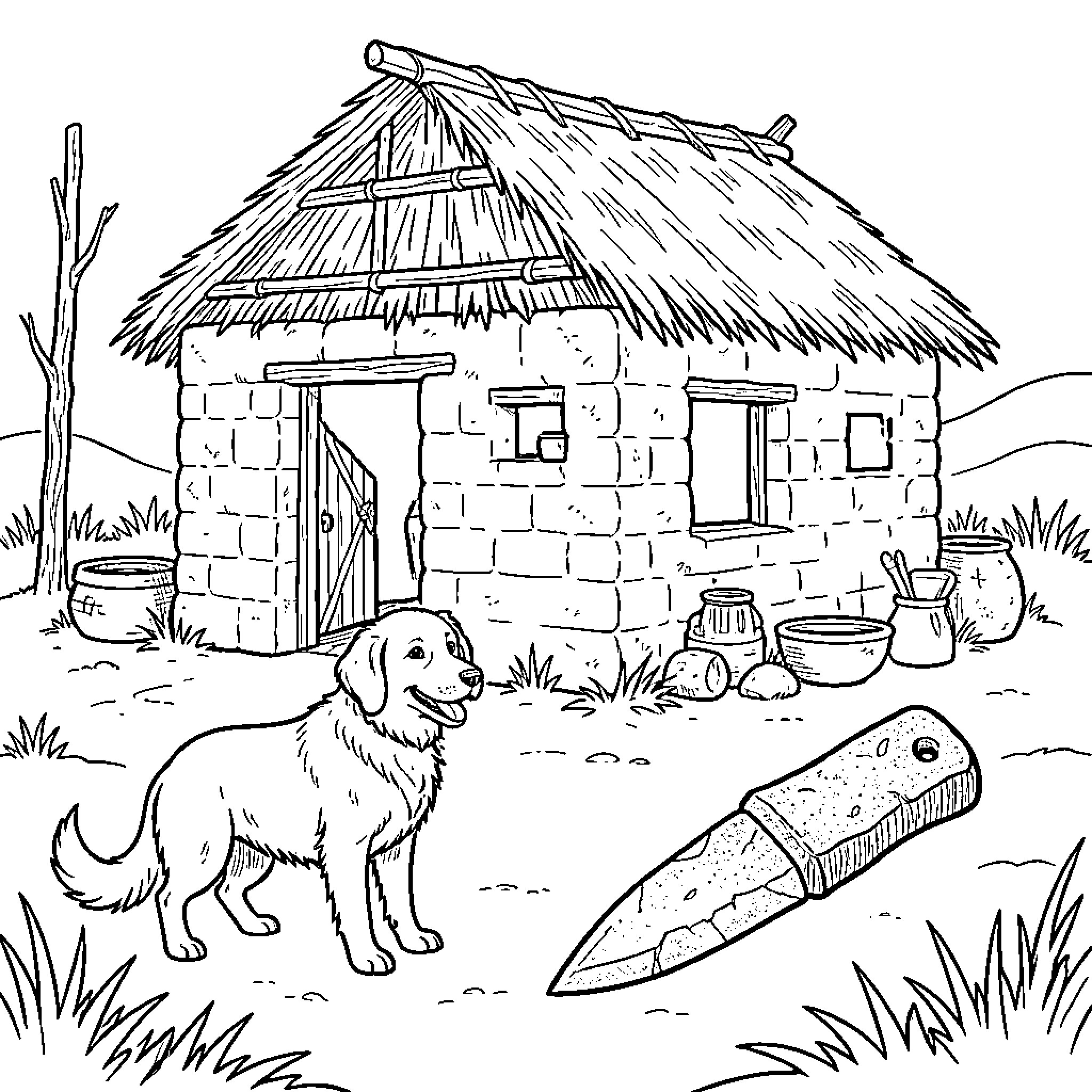 Neolithic Stone Hut with Watchful Dog Coloring Page (free black-and-white line drawing printable PDF for all, from beginners to advanced learners, including children, teens, adults, and seniors)