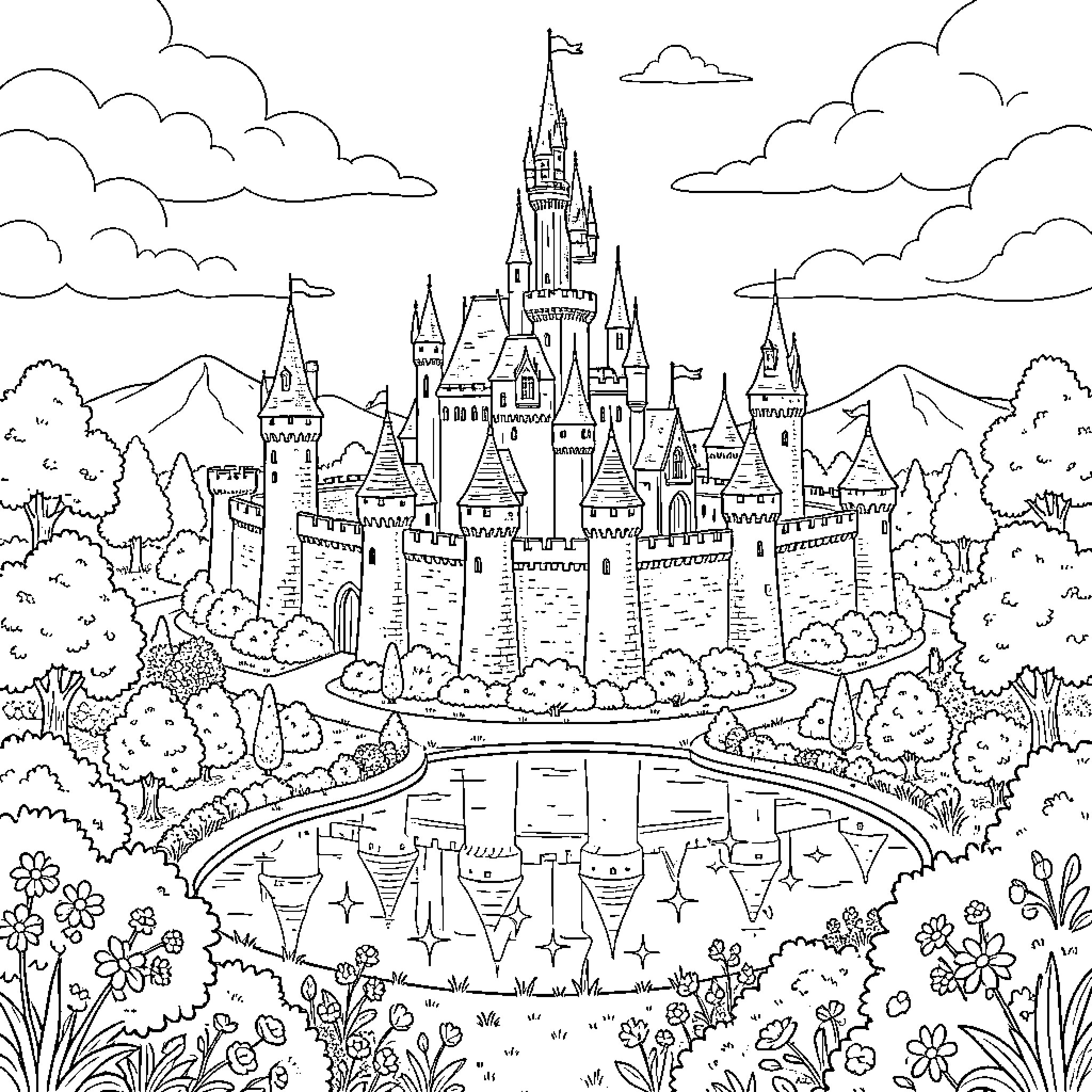 Castle standing majestically amidst lush gardens and mountains Coloring Page (free black-and-white line drawing printable PDF for all, from beginners to advanced learners, including children, teens, adults, and seniors)