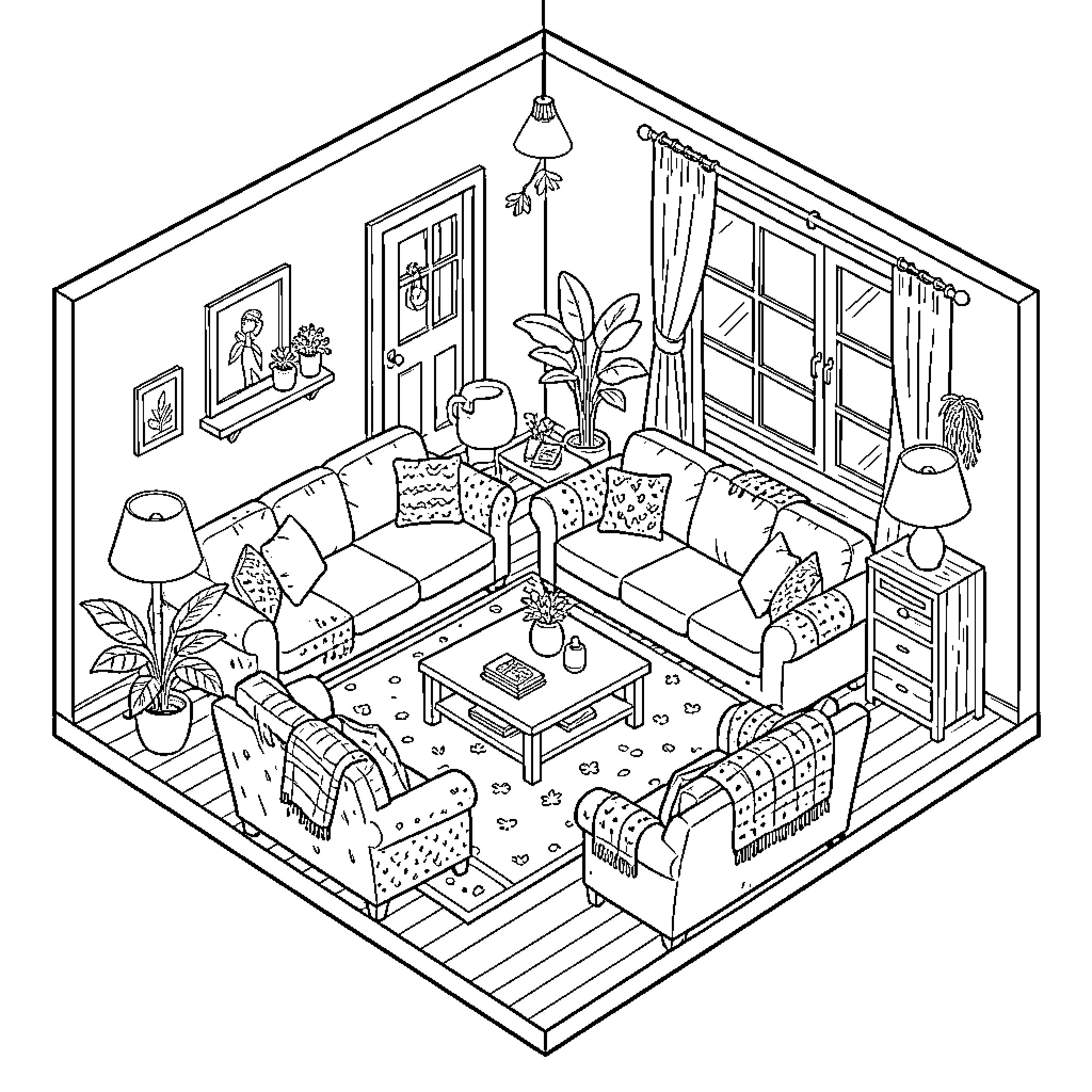 Living Room with Cozy Furnishings and Plants Coloring Page (free black-and-white line drawing printable PDF for all, from beginners to advanced learners, including children, teens, adults, and seniors)