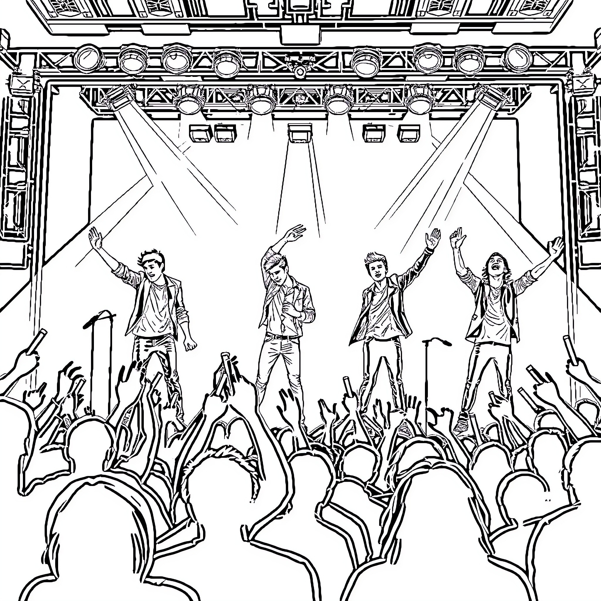 One Direction Performing on Stage with Fans Coloring Page (free black-and-white line drawing printable PDF for all, from beginners to advanced learners, including children, teens, adults, and seniors)