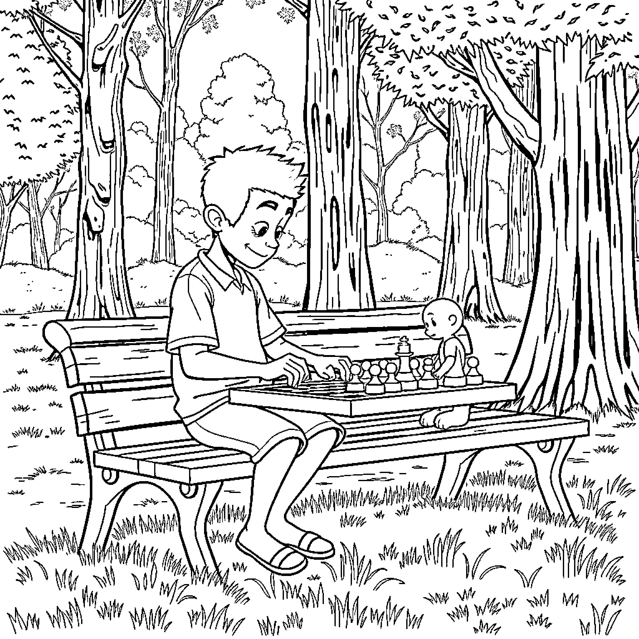 Labubu enjoys a quiet game of chess in the forest Coloring Page (free black-and-white line drawing printable PDF for all, from beginners to advanced learners, including children, teens, adults, and seniors)