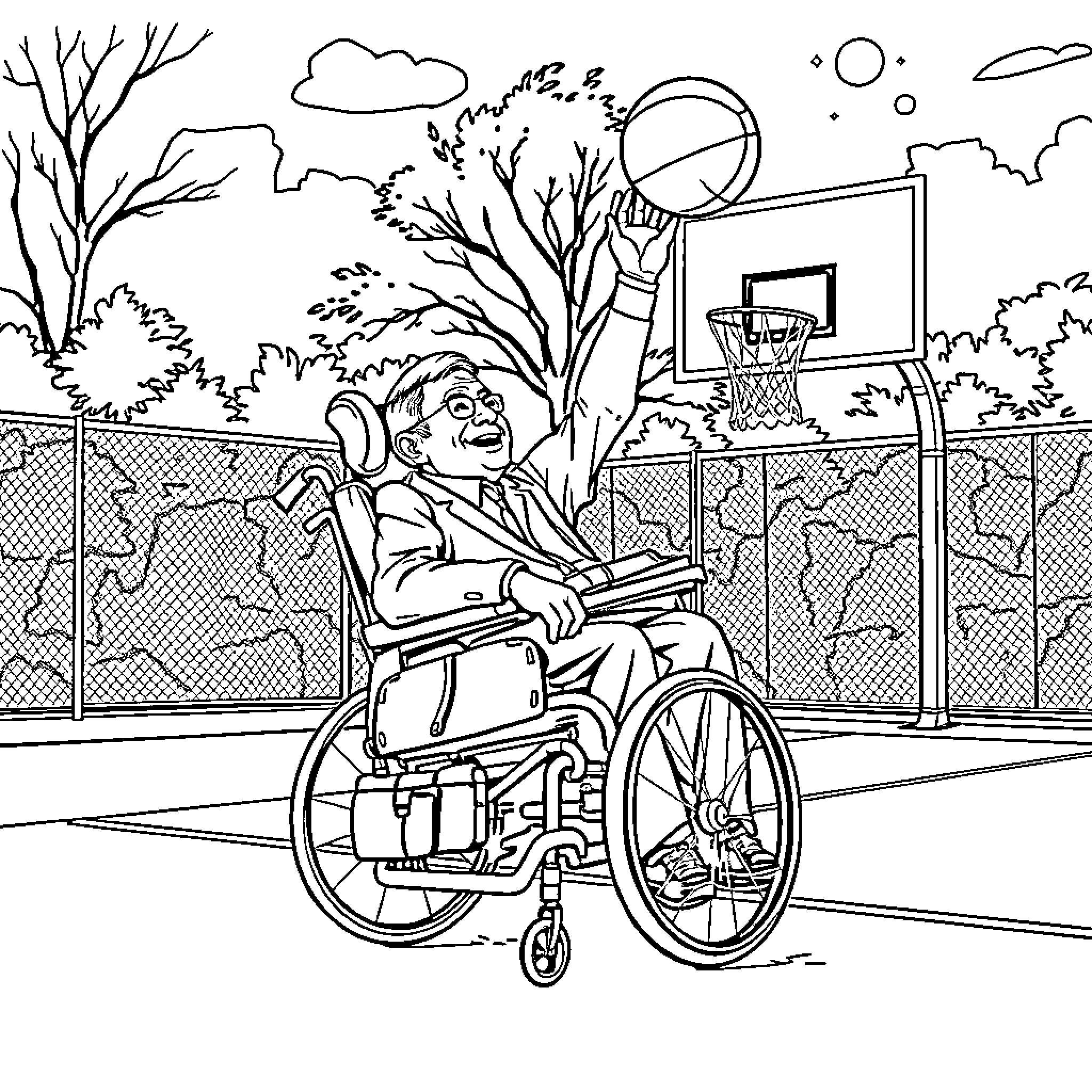 Stephen Hawking playing basketball in a wheelchair Coloring Page (free black-and-white line drawing printable PDF for all, from beginners to advanced learners, including children, teens, adults, and seniors)