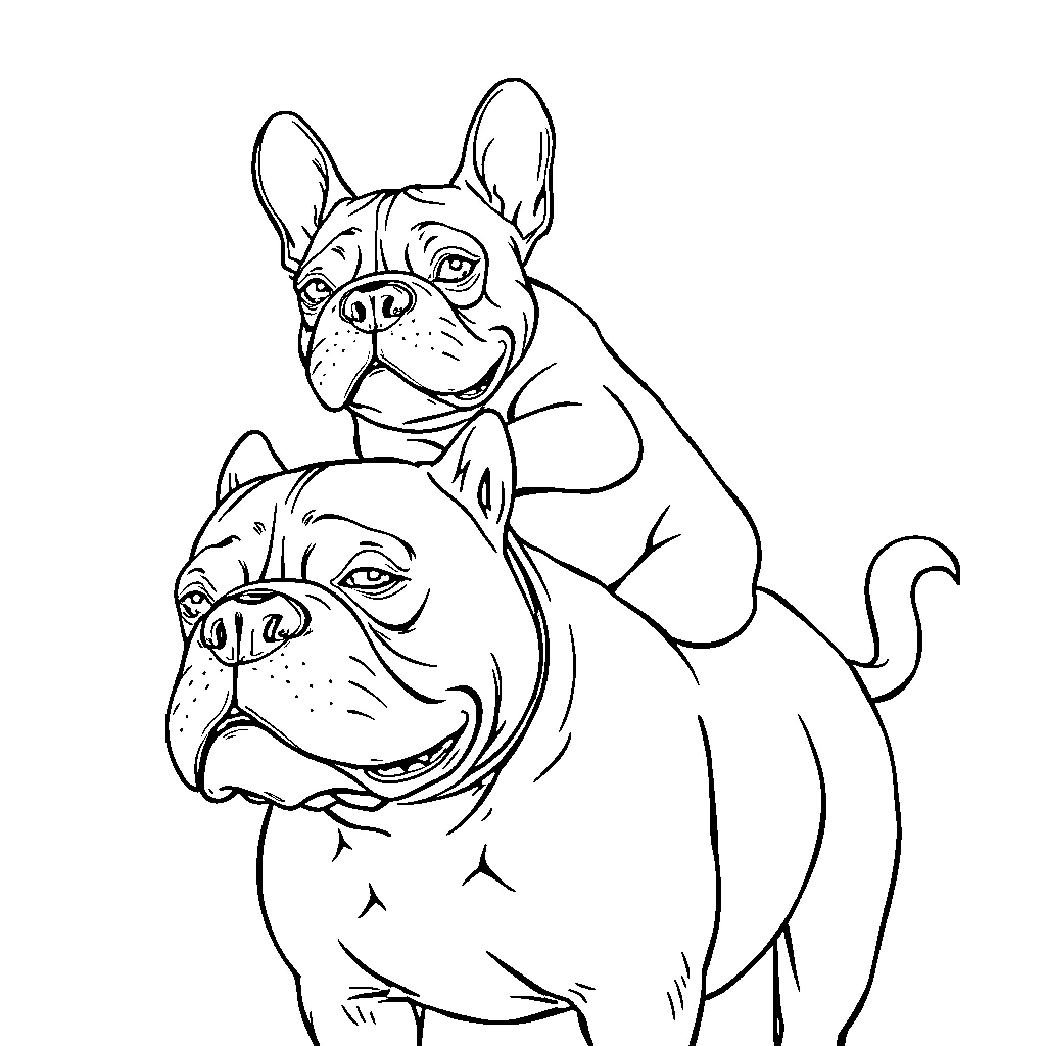 Bulldog duo posing playfully together Coloring Page (free black-and-white line drawing printable PDF for all, from beginners to advanced learners, including children, teens, adults, and seniors)