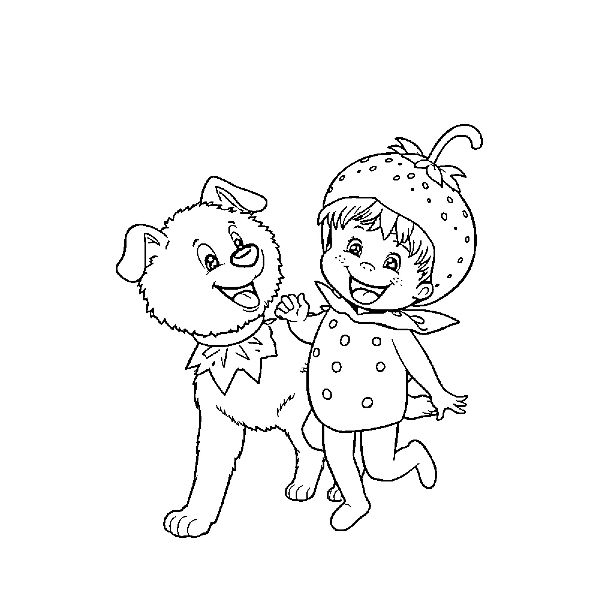 Dog and child in costume playing together Coloring Page (free black-and-white line drawing printable PDF for all, from beginners to advanced learners, including children, teens, adults, and seniors)