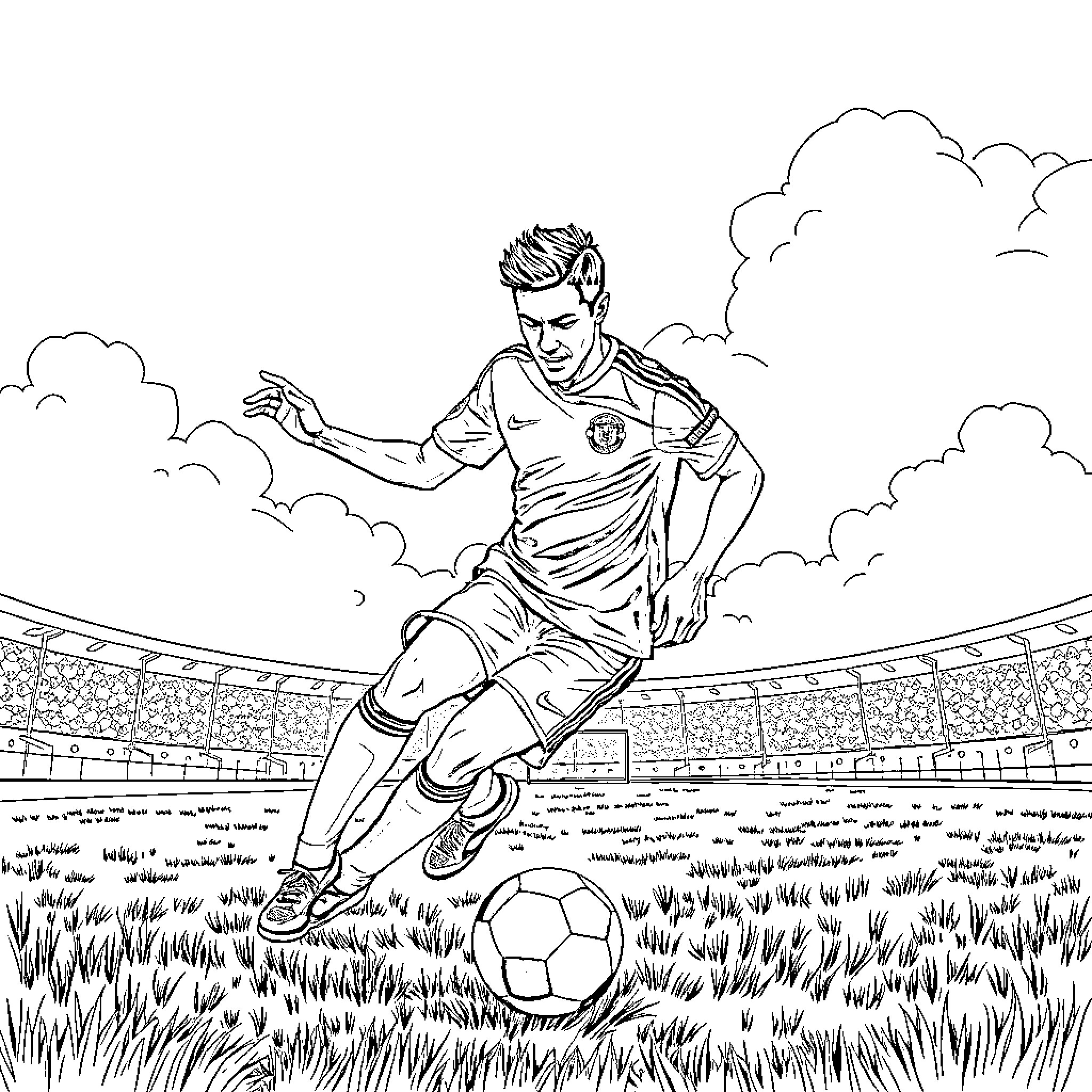 Soccer player dribbling the ball on the field Coloring Page (free black-and-white line drawing printable PDF for all, from beginners to advanced learners, including children, teens, adults, and seniors)
