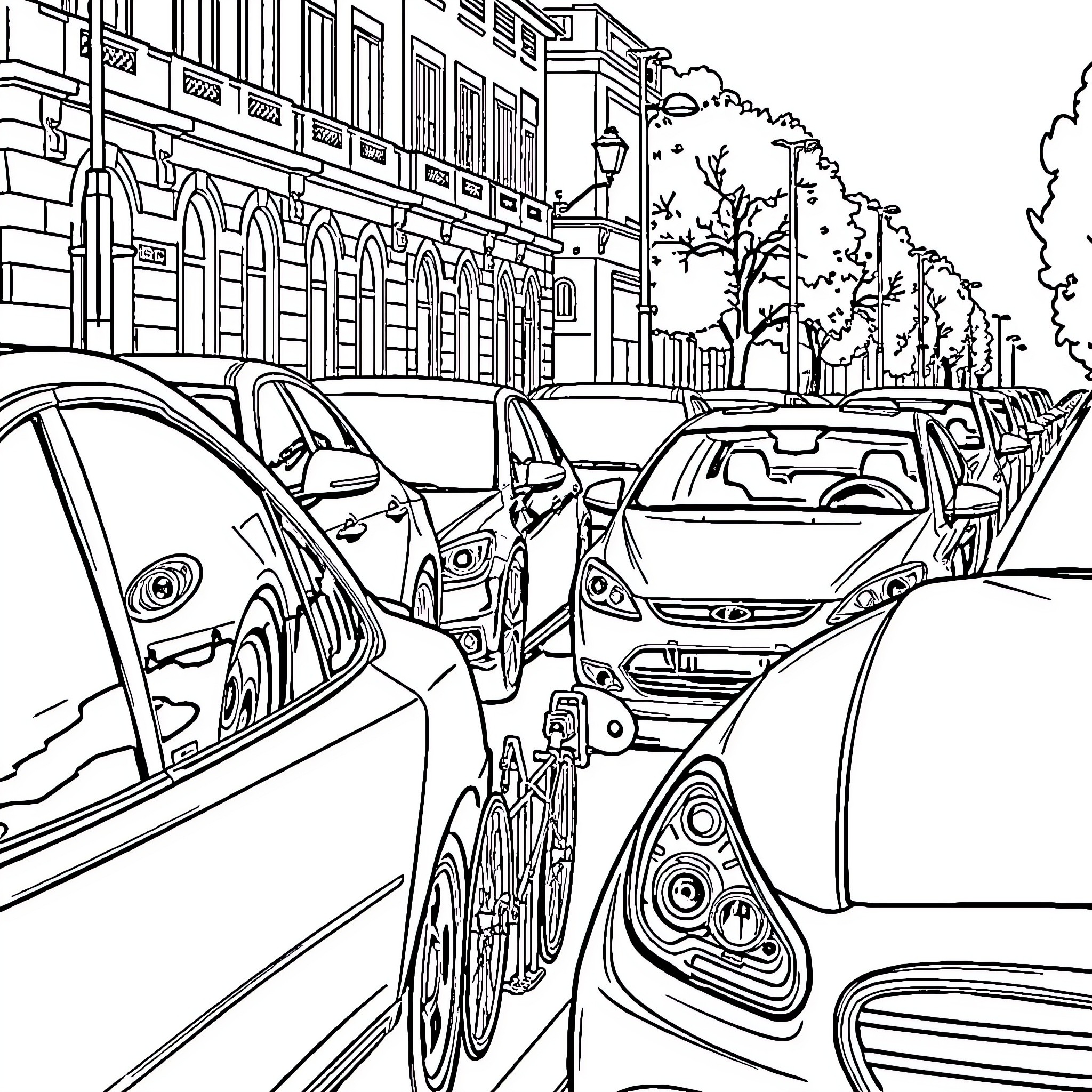 Cars stuck in city traffic jam on the street Coloring Page (free black-and-white line drawing printable PDF for all, from beginners to advanced learners, including children, teens, adults, and seniors)