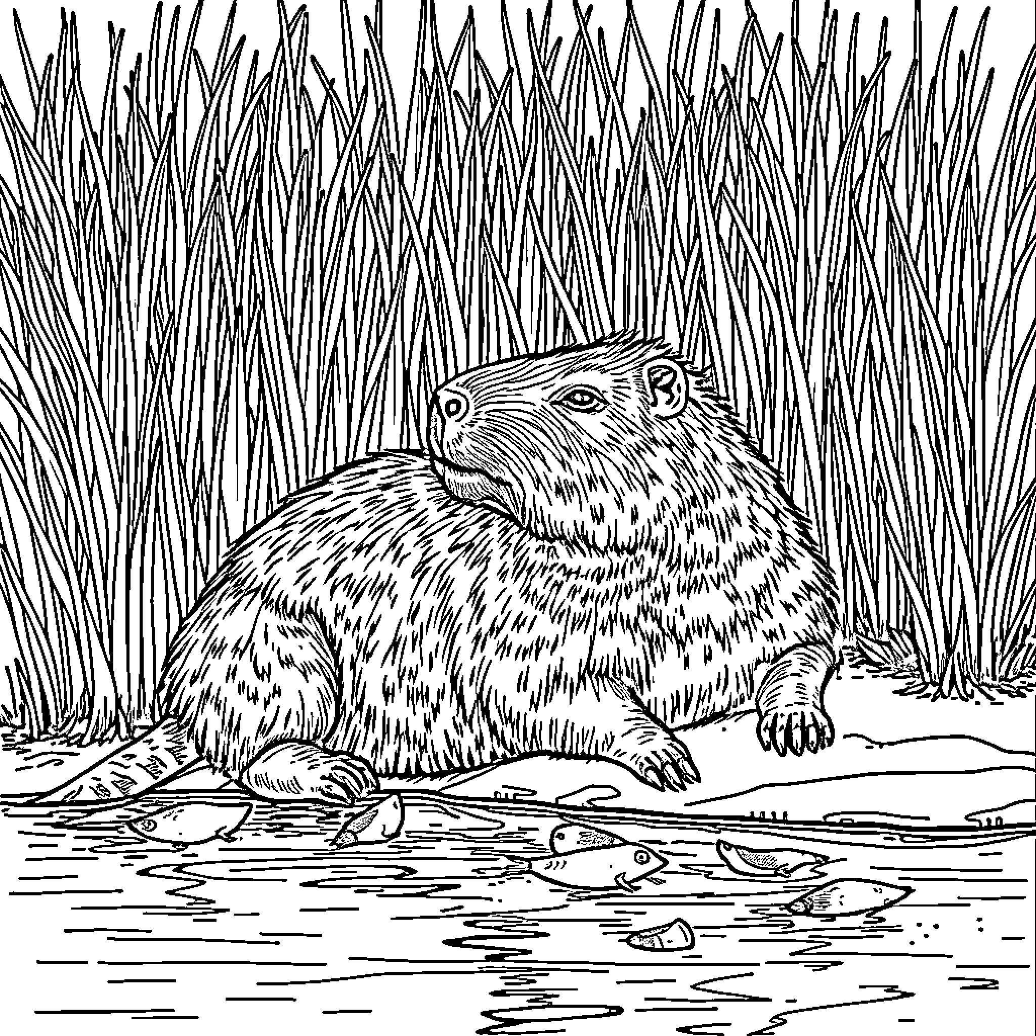 Capybara relaxing in the grass and water Coloring Page (free black-and-white line drawing printable PDF for all, from beginners to advanced learners, including children, teens, adults, and seniors)