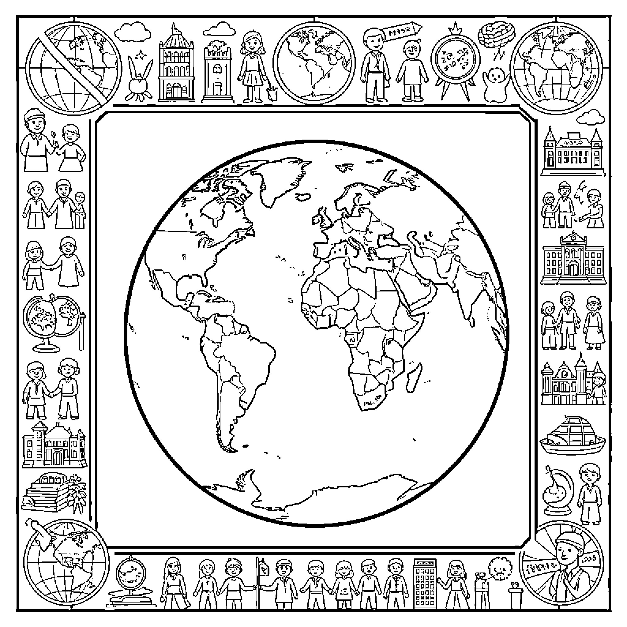 World of Diversity and Global Connections Coloring Page (free black-and-white line drawing printable PDF for all, from beginners to advanced learners, including children, teens, adults, and seniors)