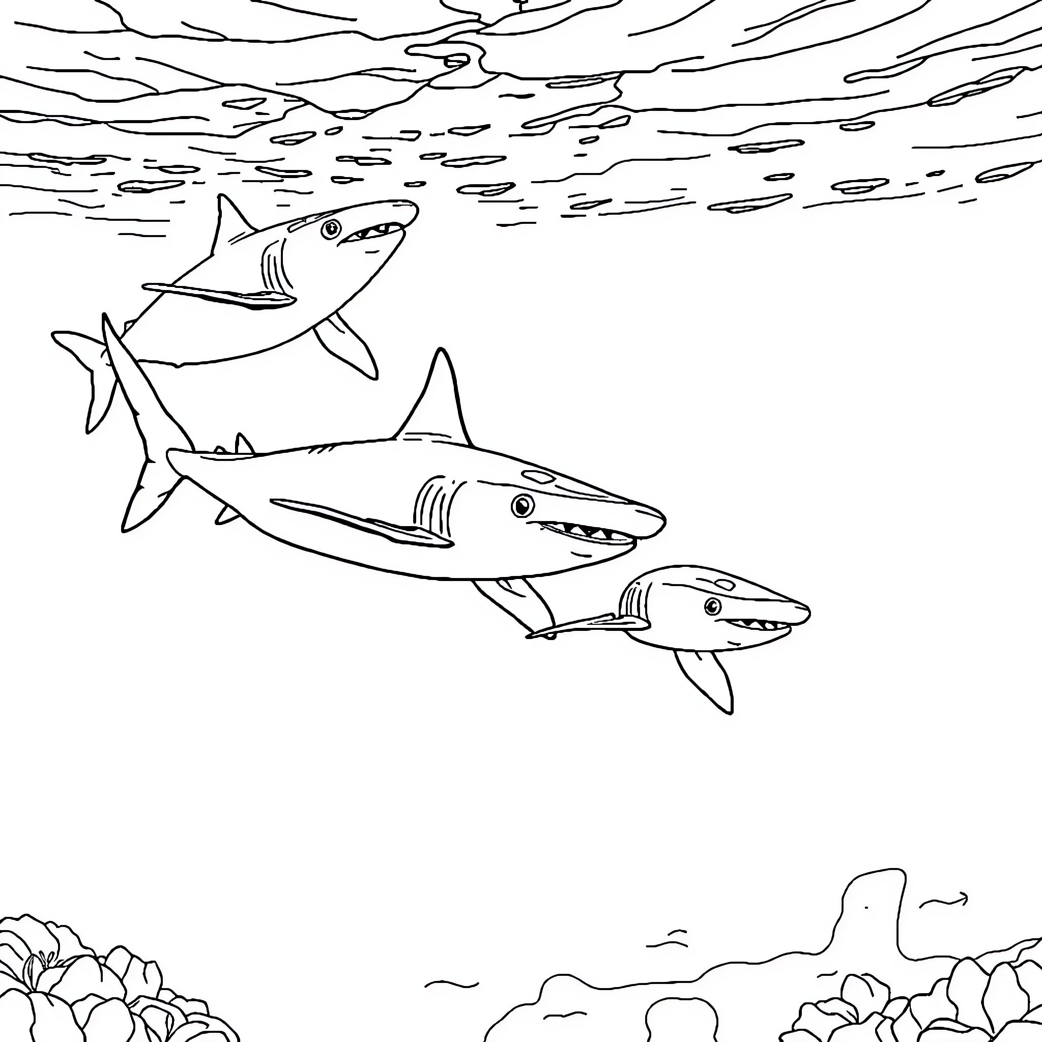 Shark swimming aggressively in the ocean Coloring Page (free black-and-white line drawing printable PDF for all, from beginners to advanced learners, including children, teens, adults, and seniors)