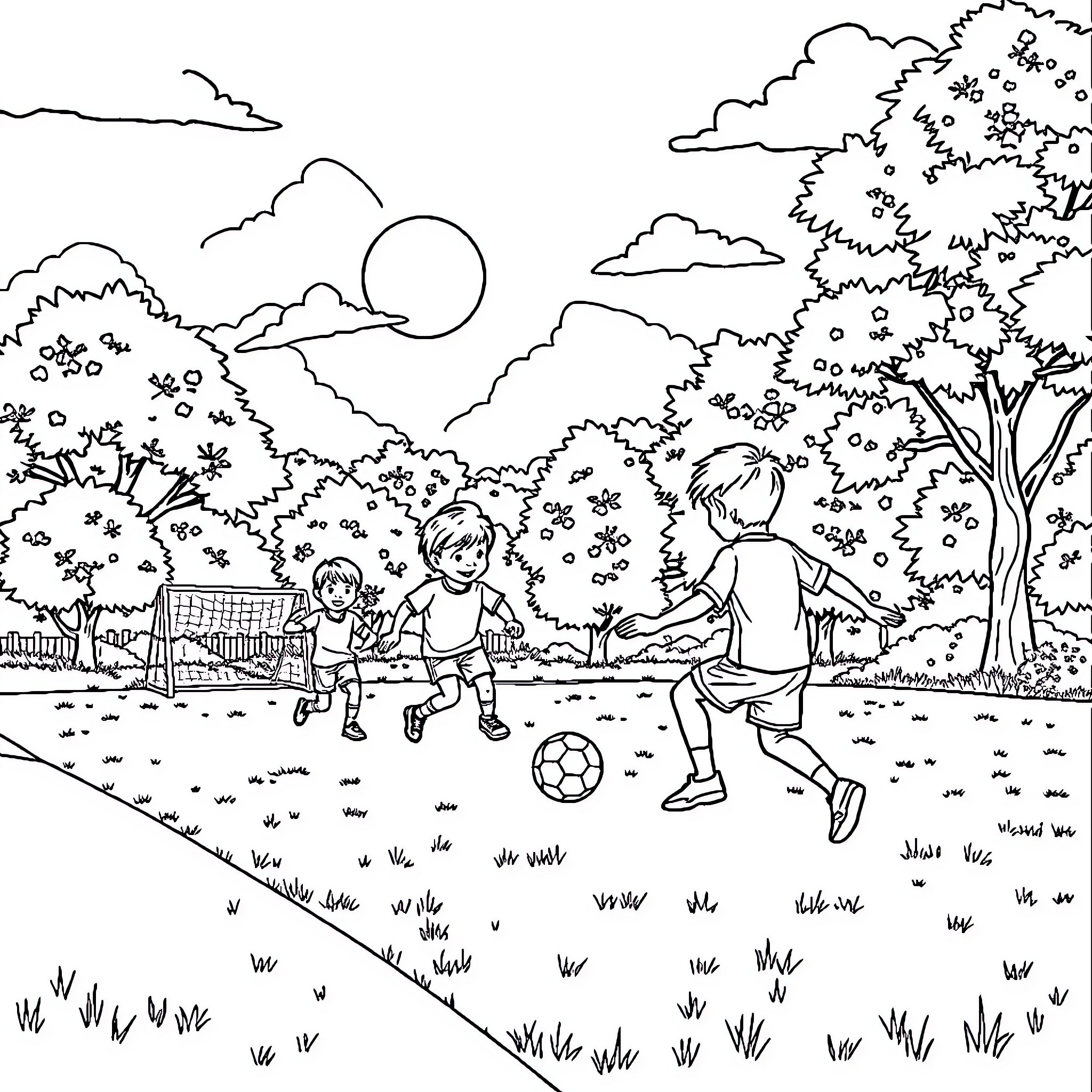 Football players in outdoor park scene Coloring Page (free black-and-white line drawing printable PDF for all, from beginners to advanced learners, including children, teens, adults, and seniors)