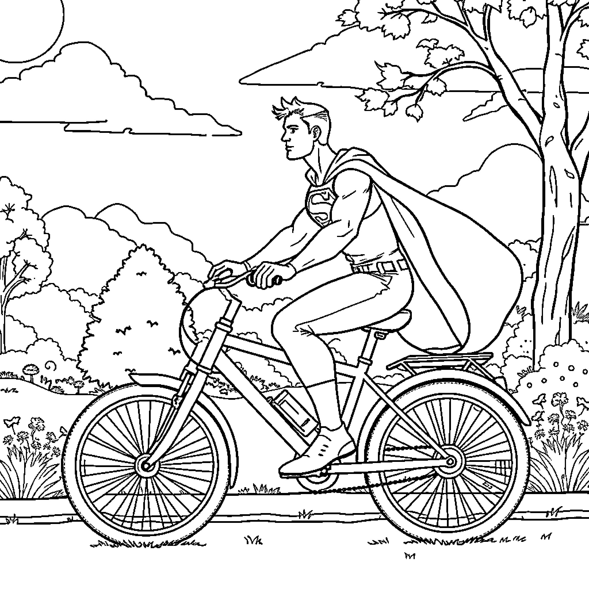Superman cycling peacefully through nature Coloring Page (free black-and-white line drawing printable PDF for all, from beginners to advanced learners, including children, teens, adults, and seniors)