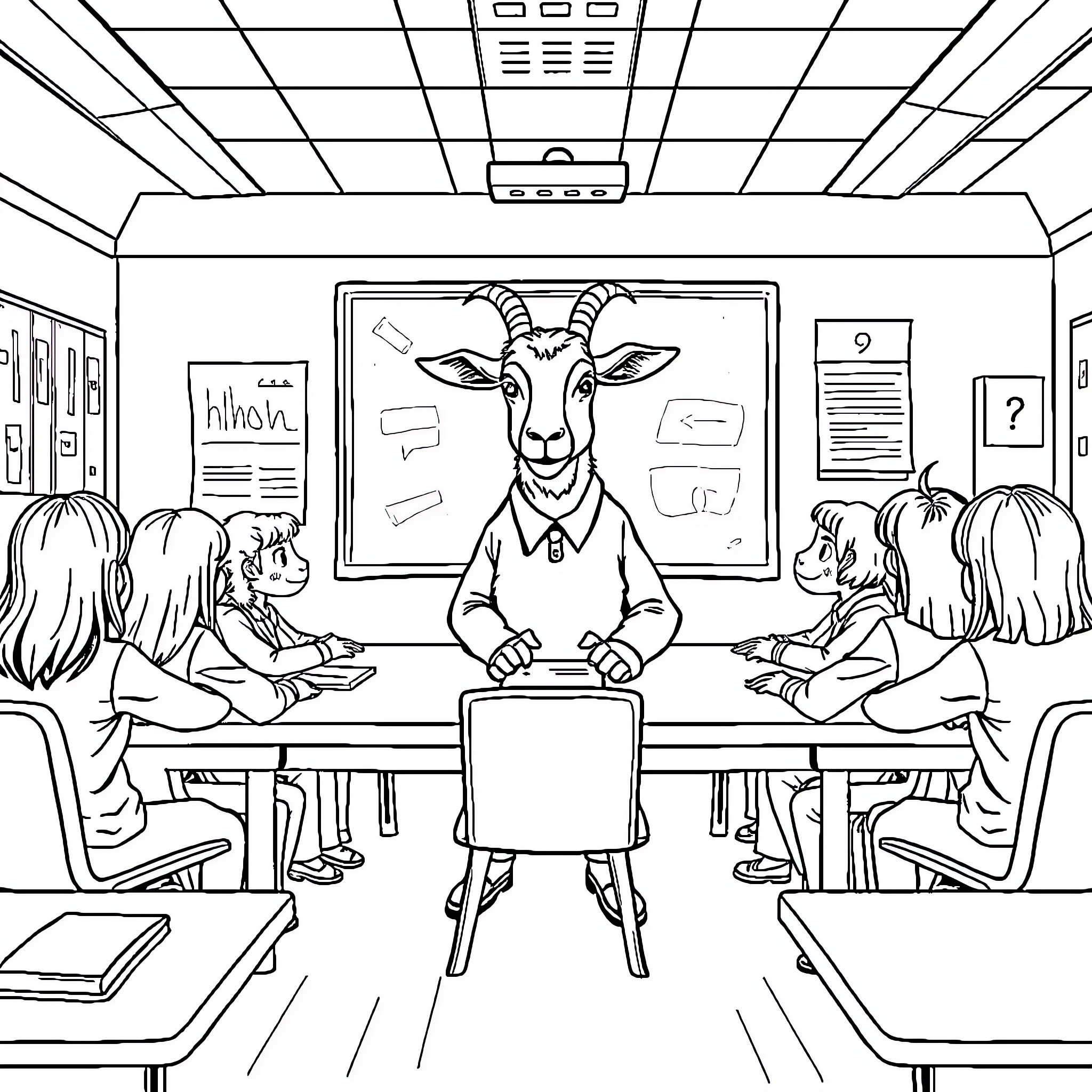 Goat teaching students in a classroom Coloring Page (free black-and-white line drawing printable PDF for all, from beginners to advanced learners, including children, teens, adults, and seniors)