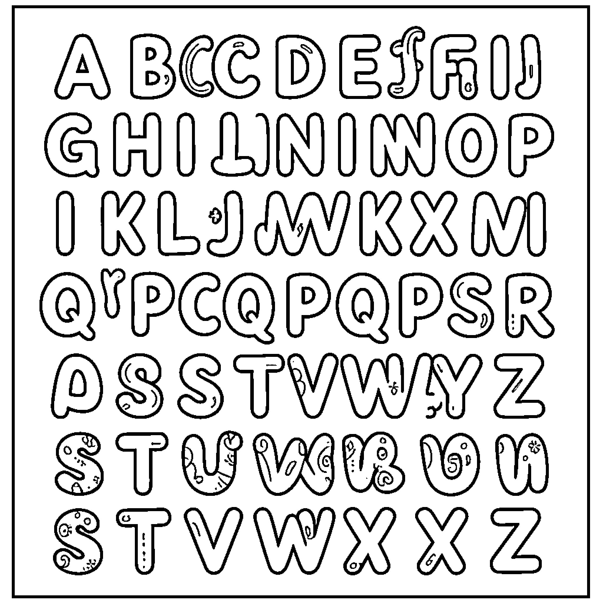 Letter Alphabet Doodle Drawing Coloring Page (free black-and-white line drawing printable PDF for all, from beginners to advanced learners, including children, teens, adults, and seniors)