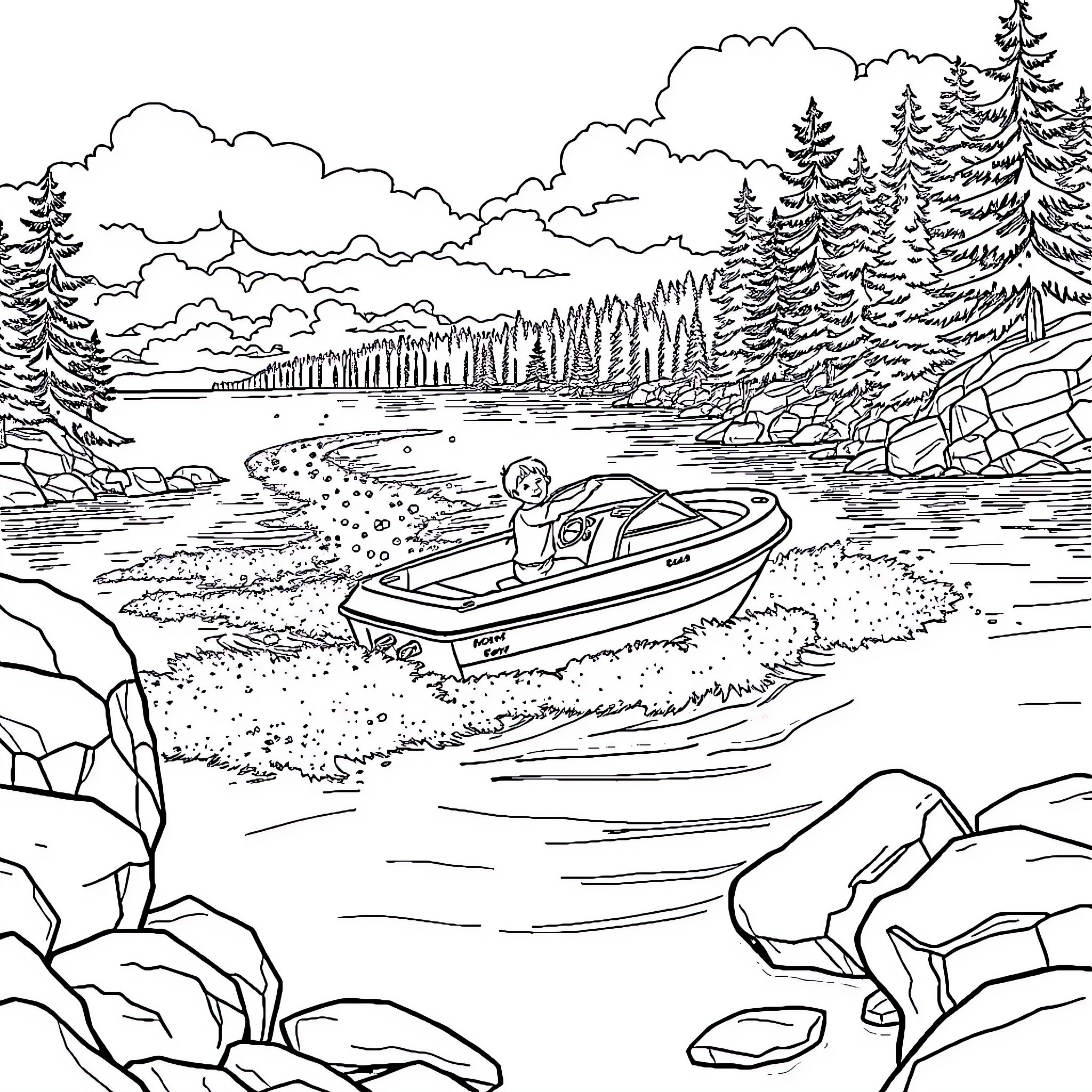 Boy enjoying a boat ride on a scenic lake Coloring Page (free black-and-white line drawing printable PDF for all, from beginners to advanced learners, including children, teens, adults, and seniors)