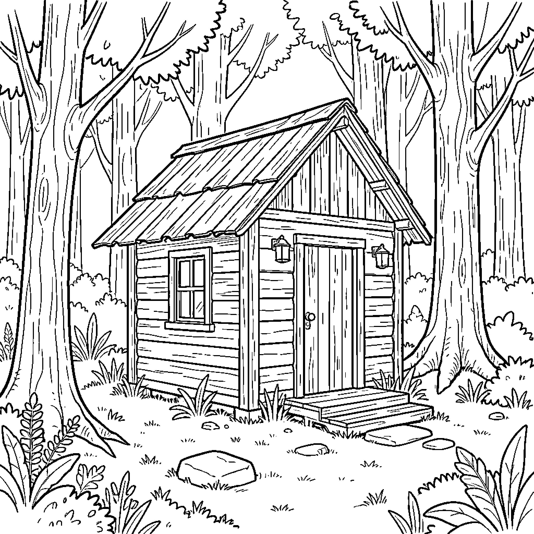 Hutrix Cabin Hideaway in the Enchanted Forest Coloring Page (free black-and-white line drawing printable PDF for all, from beginners to advanced learners, including children, teens, adults, and seniors)