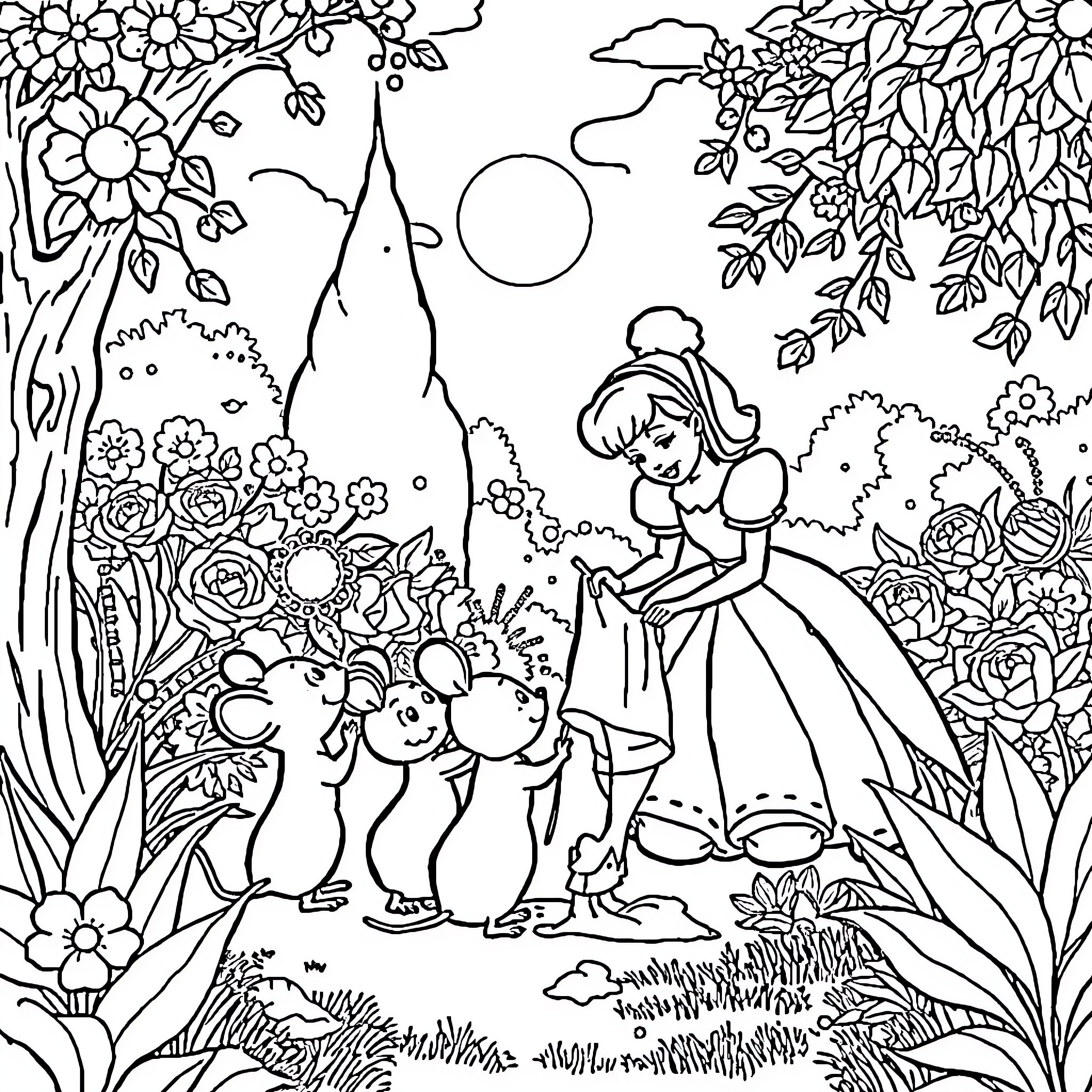 Mouse-sized friends helping a princess in the garden Coloring Page (free black-and-white line drawing printable PDF for all, from beginners to advanced learners, including children, teens, adults, and seniors)